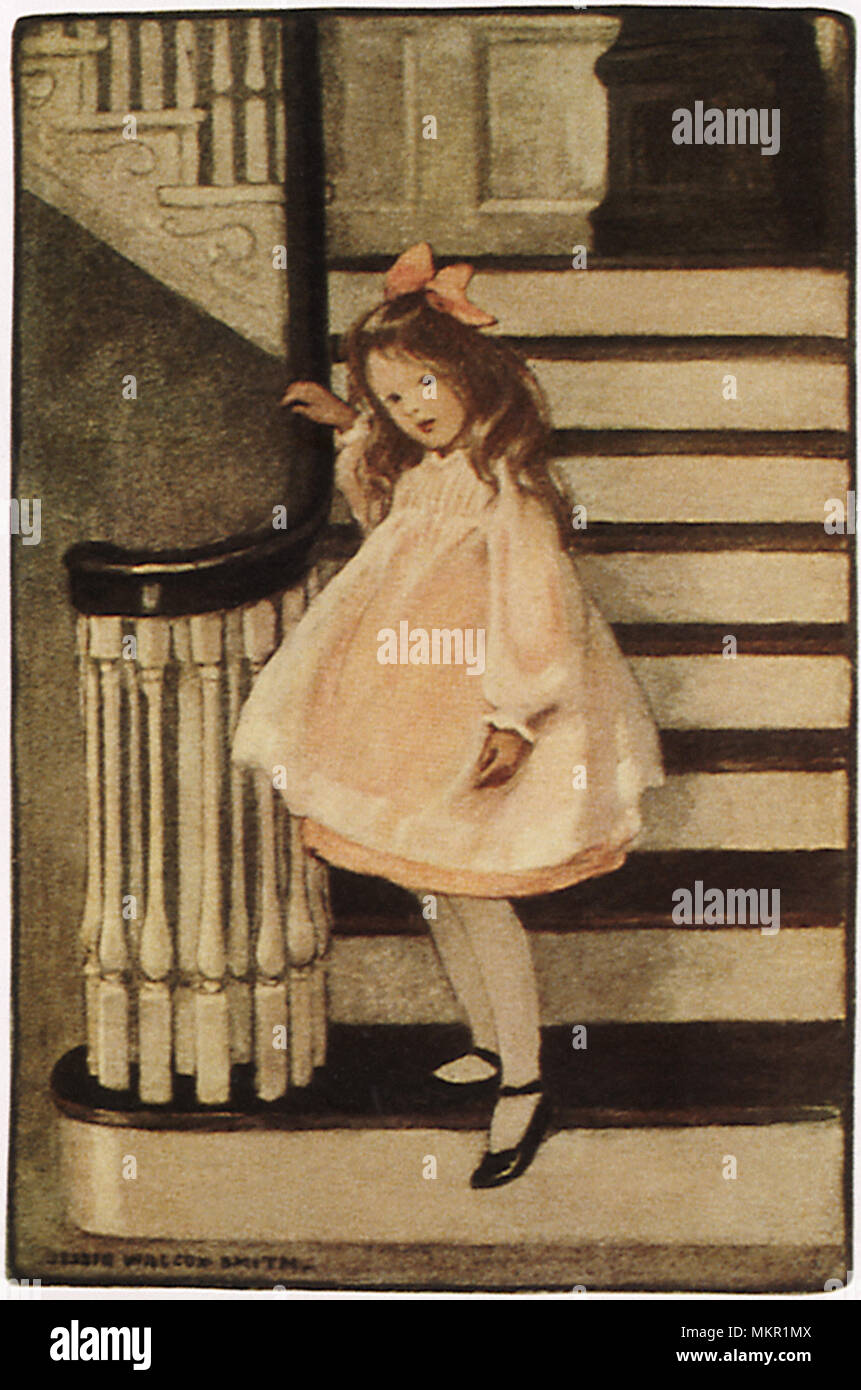 Little Girl standing on Staircase Banque D'Images