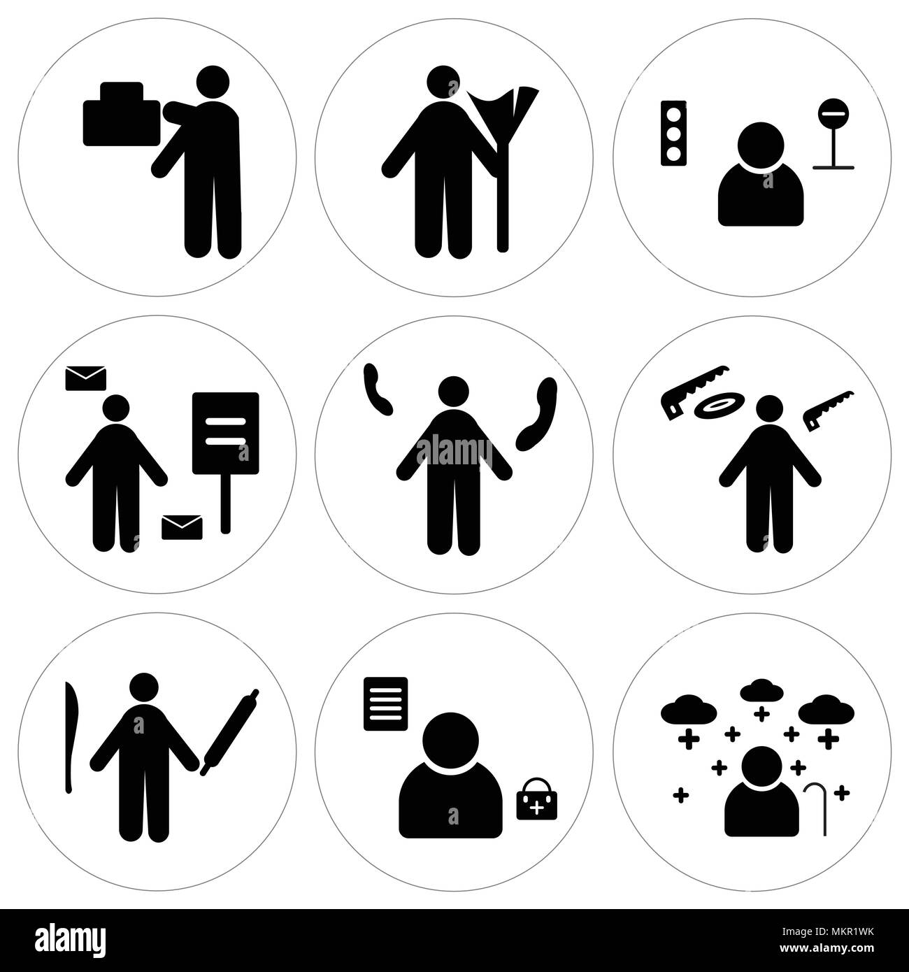 Ensemble de 9 icônes modifiable simple comme pensionné, médecin, cuisinier, menuisier, réceptionniste, facteur, chauffeur de taxi, Cleaner, déménageur, peut être utilisé pour le mobile, Illustration de Vecteur