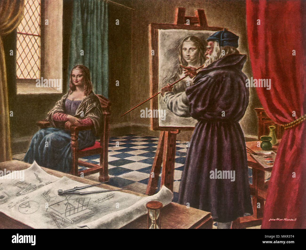 Léonard de Vinci peignant la joconde Banque D'Images