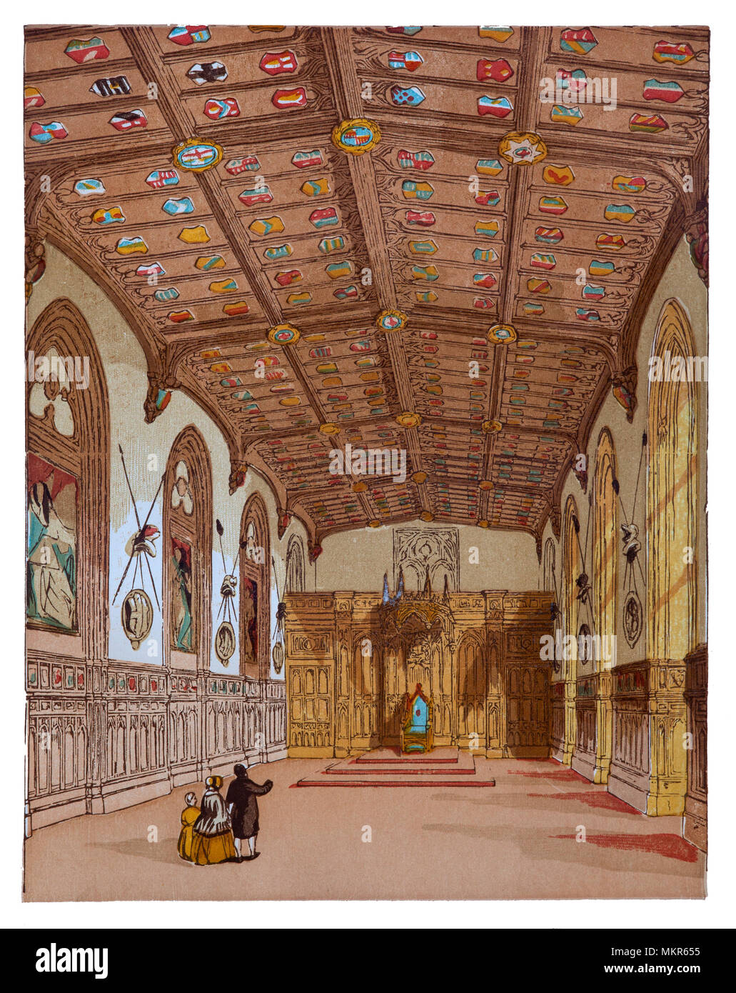Le magnifique 180 pieds de long édifice néo-gothique Saint George's Hall chambre dans le château de Windsor, Berkshire, Angleterre. L'original 14e siècle chambre avait un toit en bois et ouvert mais a été rénové dans les années 1820, lorsque Sir Jeffry Wyatville rénové cette partie du château de Windsor, le choix d'une décoration de style gothique avec des murs ornés d'armes et armures sur l'affichage. Le plafond de plâtre d'origine avait été créé pour ressembler à des poutres et intégré les armoiries de l'Ordre des Chevaliers de la jarretière depuis sa fondation en 1348. Banque D'Images