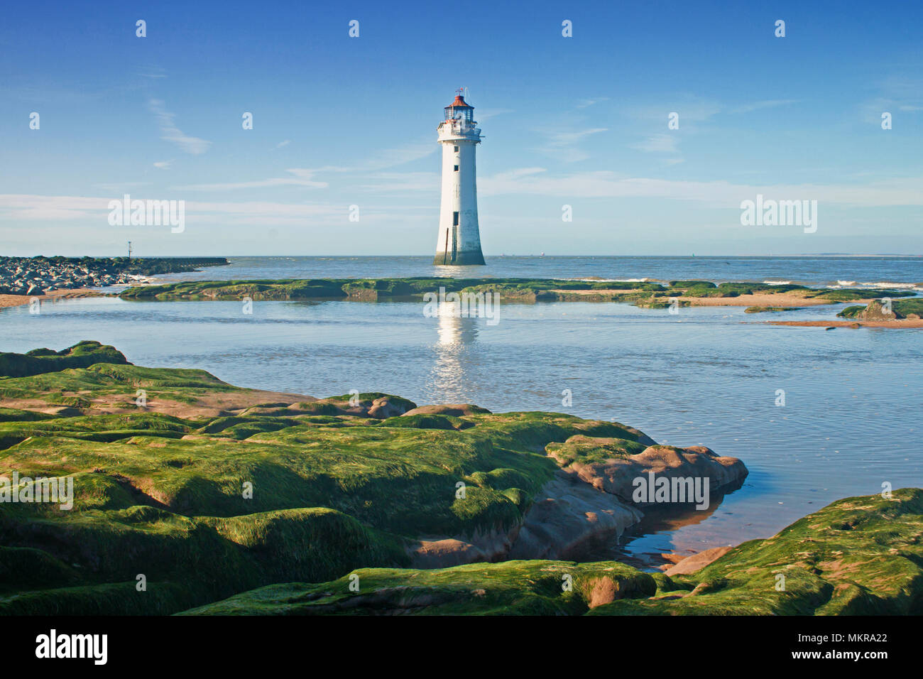 La marée montante entoure les roches vertes couvertes d'algues et fournit des reflets de perchaude Rock lighthouse Banque D'Images