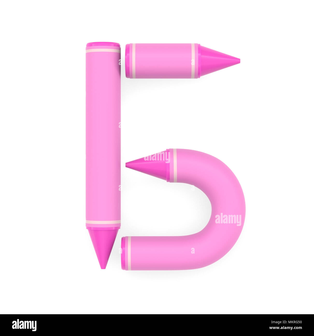 Crayon de cire rose la lettre B ou être d'alphabet cyrillique sur fond blanc, 3D Rendu font droit à l'éducation et typographie enfantine Banque D'Images