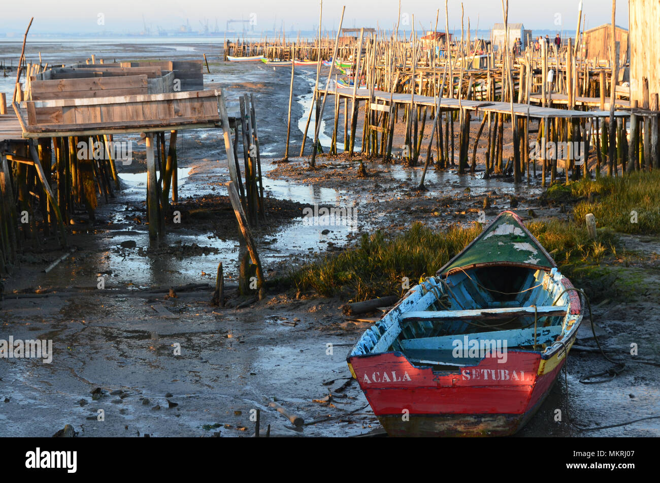 Marée basse à l'palaphitic port de pêche artisanale de Carrasqueira, estuaire de la rivière Sado, Portugal Banque D'Images