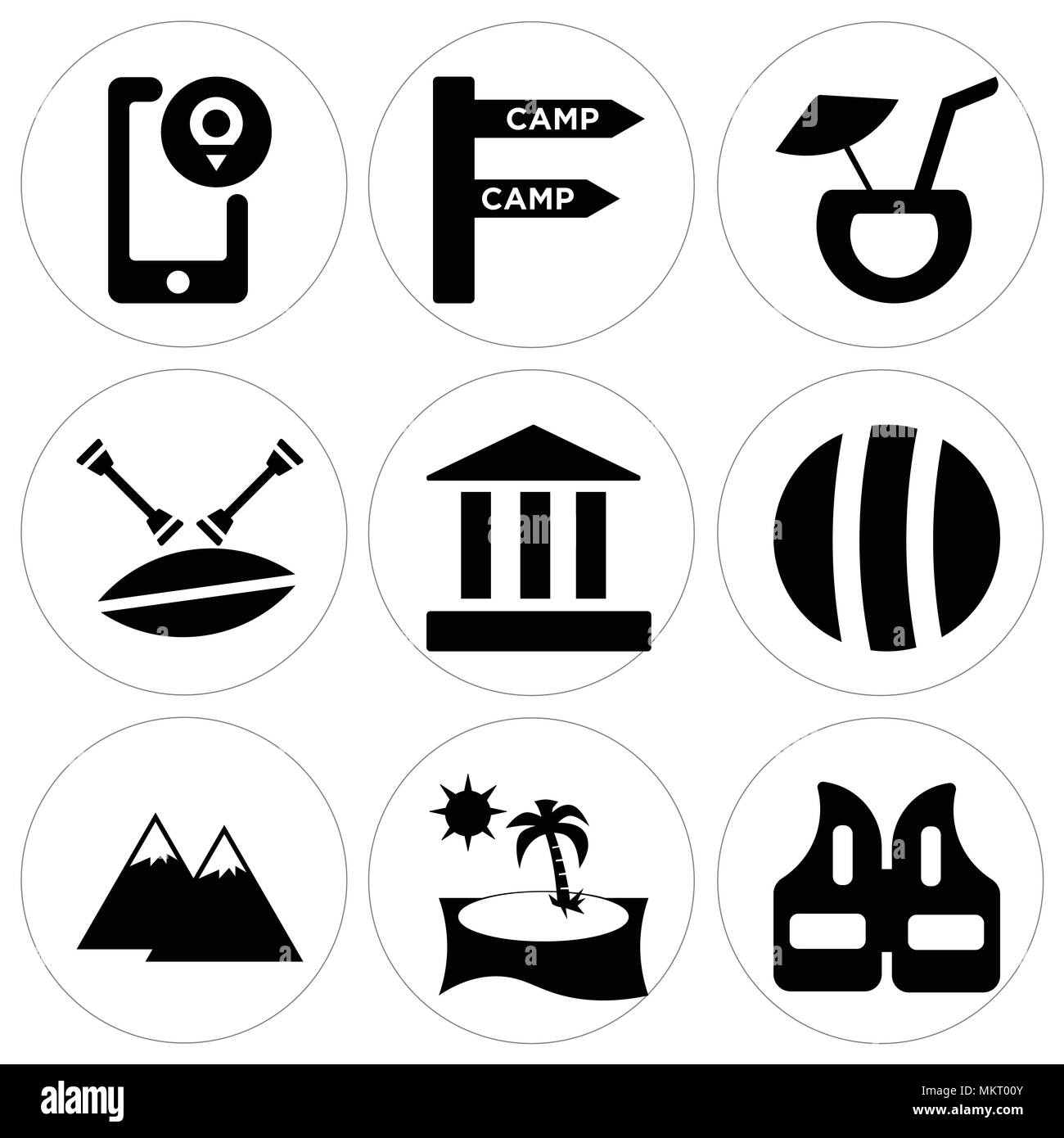 Ensemble de 9 icônes modifiable simple comme gilet, Beach Sunset, pyramides, ball, Parthenon, Canoe, Cocktail Coconut, Camp, l'emplacement, peut être utilisé pour le mo Illustration de Vecteur