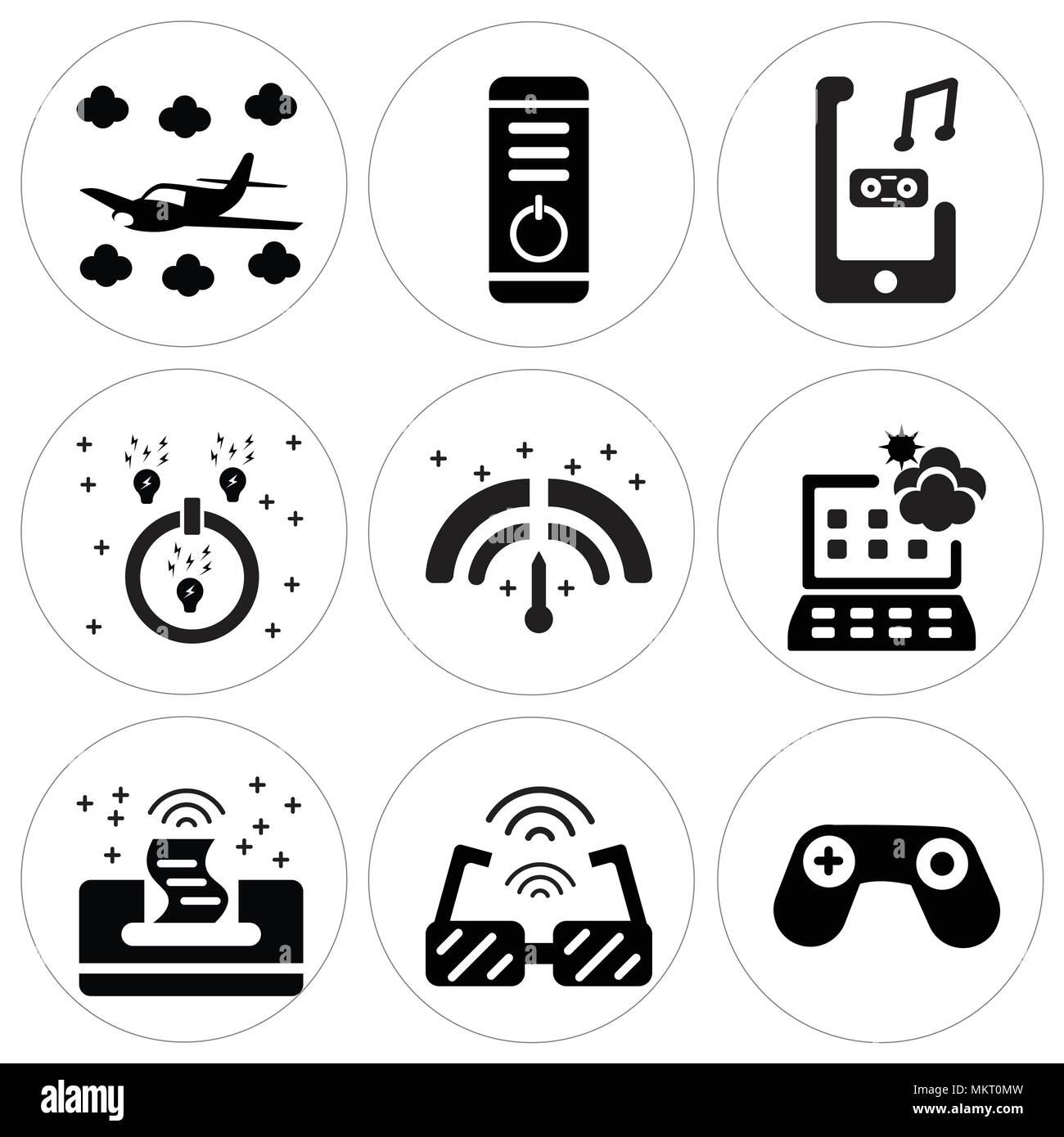 Ensemble de 9 icônes modifiable simple comme jeu, lunettes Smart, imprimante, météo, mètre, le pouvoir, le Président, bouton d'alimentation, avion, il peut être utilisé pour Illustration de Vecteur