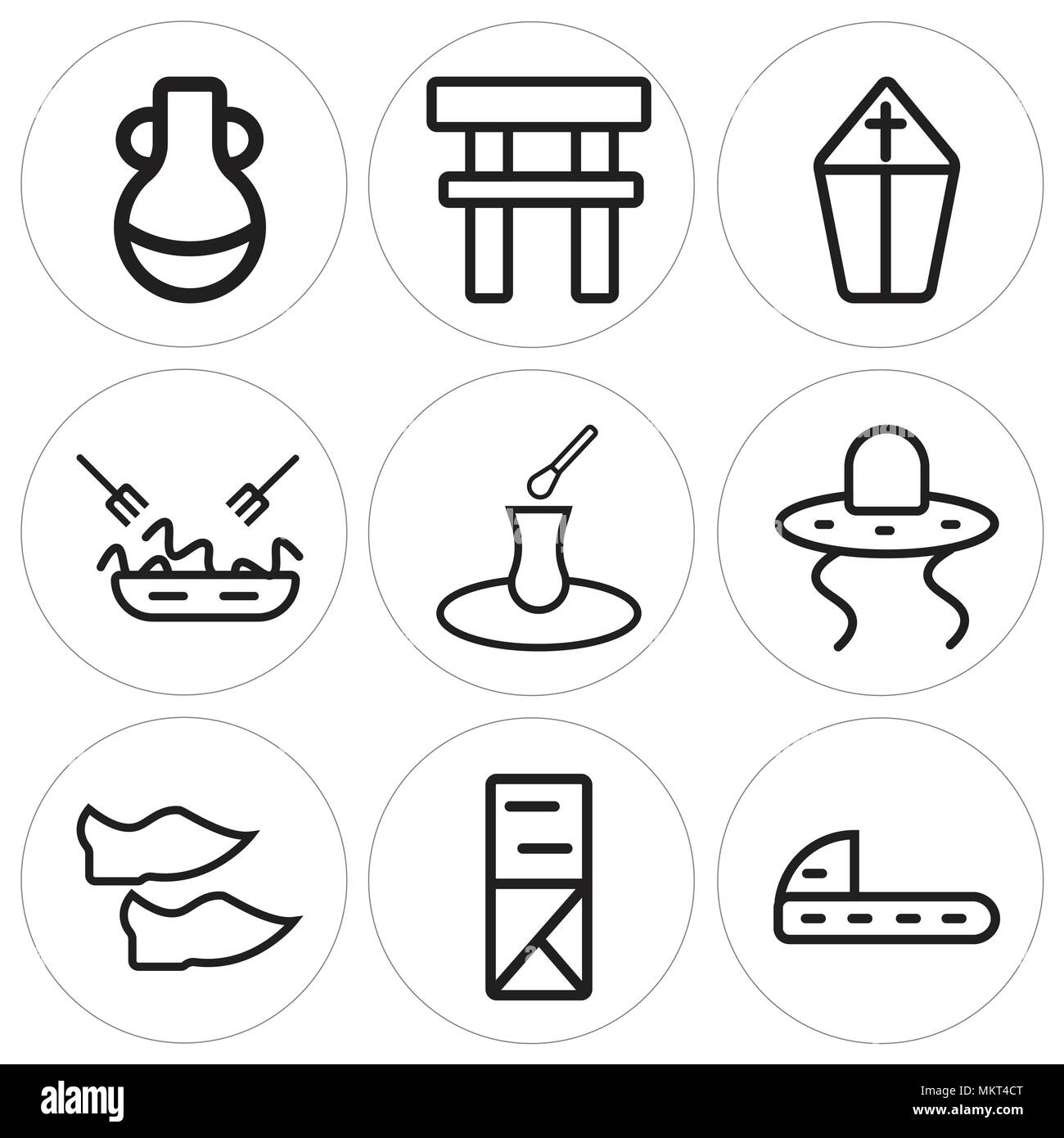 Ensemble de 9 icônes modifiable simples tels que des chaussures, Kimono, Cowboy, le thé, les pâtes, le Pape, de Torii, vase, peut être utilisé pour le mobile, web Illustration de Vecteur
