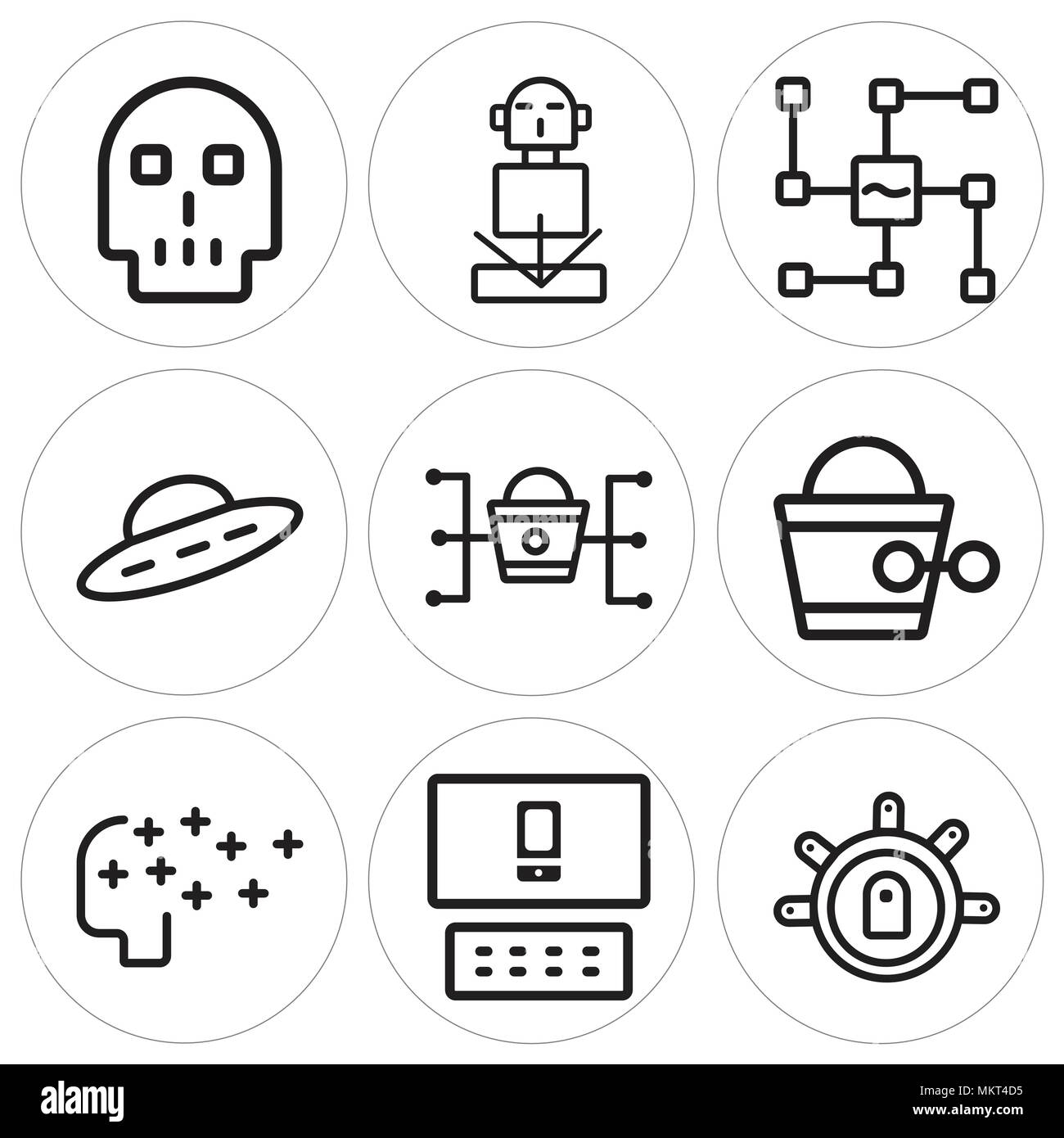 Ensemble de 9 icônes modifiable simple tels que la téléportation, réactif, l'intelligence artificielle, Steampunk, Marketing, Ovni, reconnaissance vocale, Hologramme, SKU Illustration de Vecteur