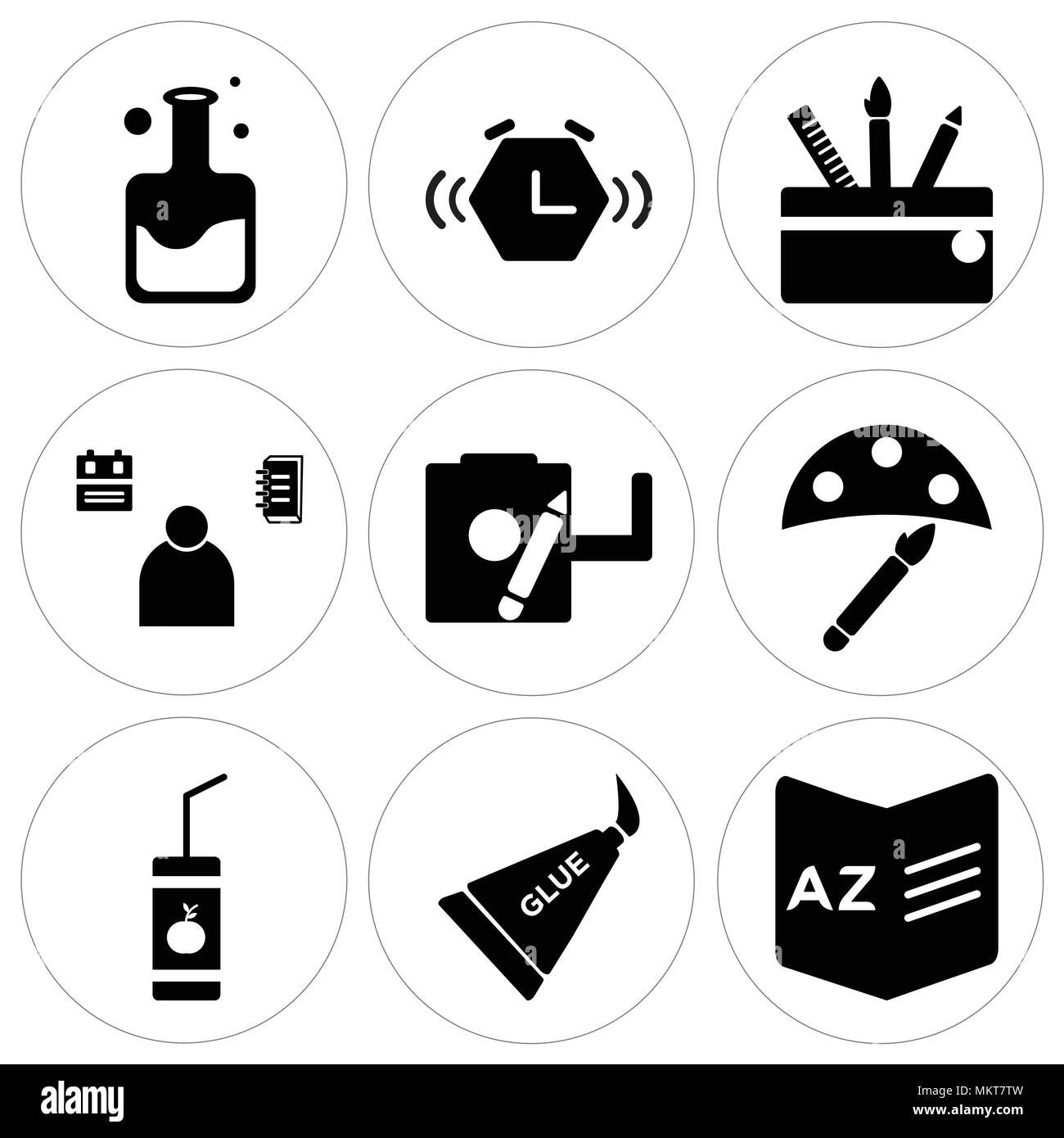 Ensemble de 9 icônes modifiable simple comme le dictionnaire, la colle, le déjeuner, l'aquarelle, l'étudiant, l'affûteur, sac à dos, réveil, fiole, peut être utilisé pour le mobile, Illustration de Vecteur