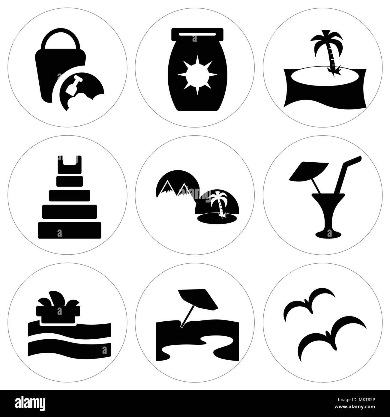 Ensemble de 9 icônes modifiable simple comme trois Mouettes, parasol, opéra de Sydney, limonade avec Drop, carte postale, Teotihuacan, palmier, bloc, Illustration de Vecteur