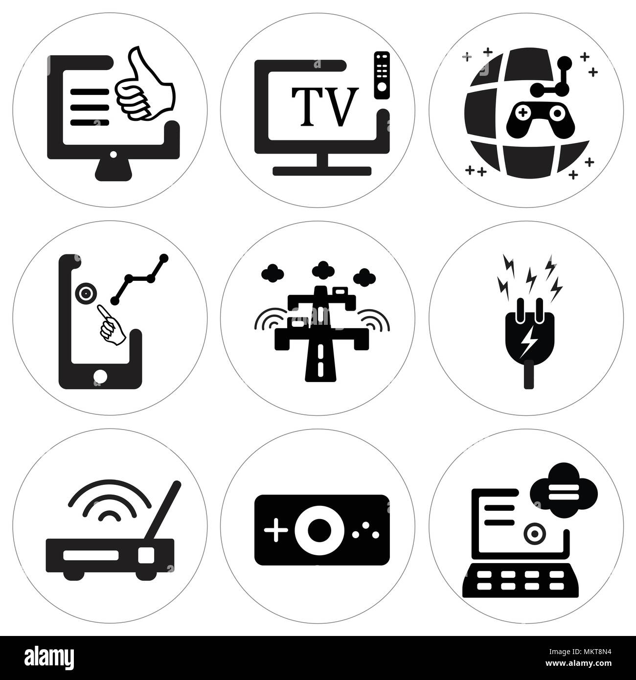 Ensemble de 9 icônes modifiable simple sur l'environnement, la console de poche, connexion Wi-Fi au réseau local, de l'énergie, de l'autoroute, la demande, Jeu, Smart tv, médias sociaux, peut être utilisé pour le m Illustration de Vecteur