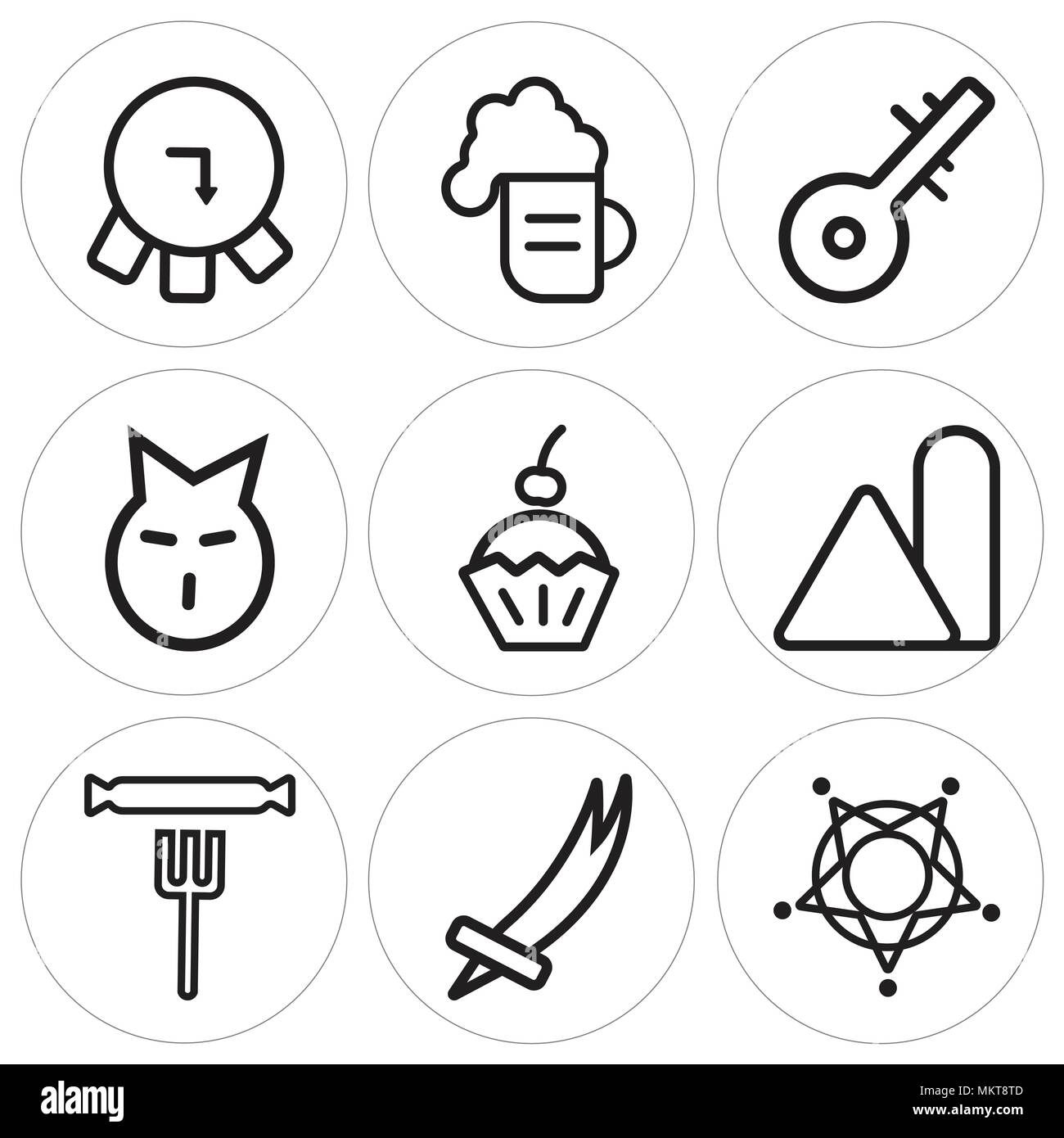 Ensemble de 9 icônes modifiable simple comme shérif, épée, saucisses, Condiment, pâté, chat, tableau, bière, canon, peut être utilisé pour le mobile, web Illustration de Vecteur