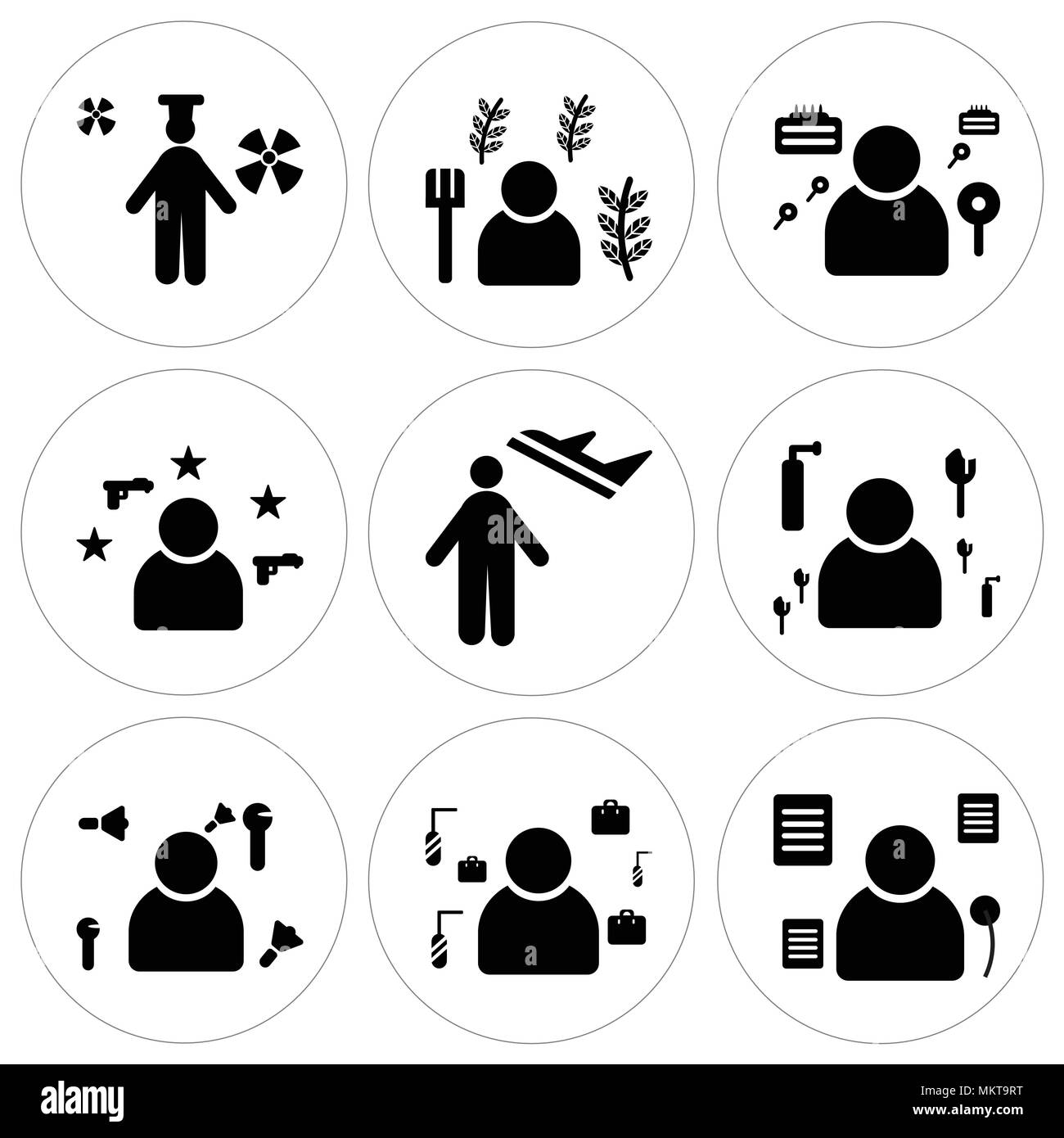 Ensemble de 9 icônes modifiable simple comme homme politique, pêcheur, Showman, Maid, pilote, policier, détective, agriculteur, pilote, peut être utilisé pour le mobile, web Illustration de Vecteur