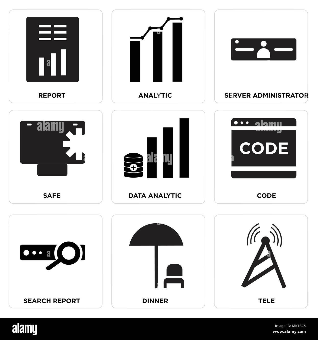 Ensemble de 9 icônes modifiable simple tels que la télémédecine, le dîner, rapport de recherche, d'analyse de données, de code, d'un coffre-fort, administrateur de serveur, analytique, rapport, peut être utilisé pour Illustration de Vecteur
