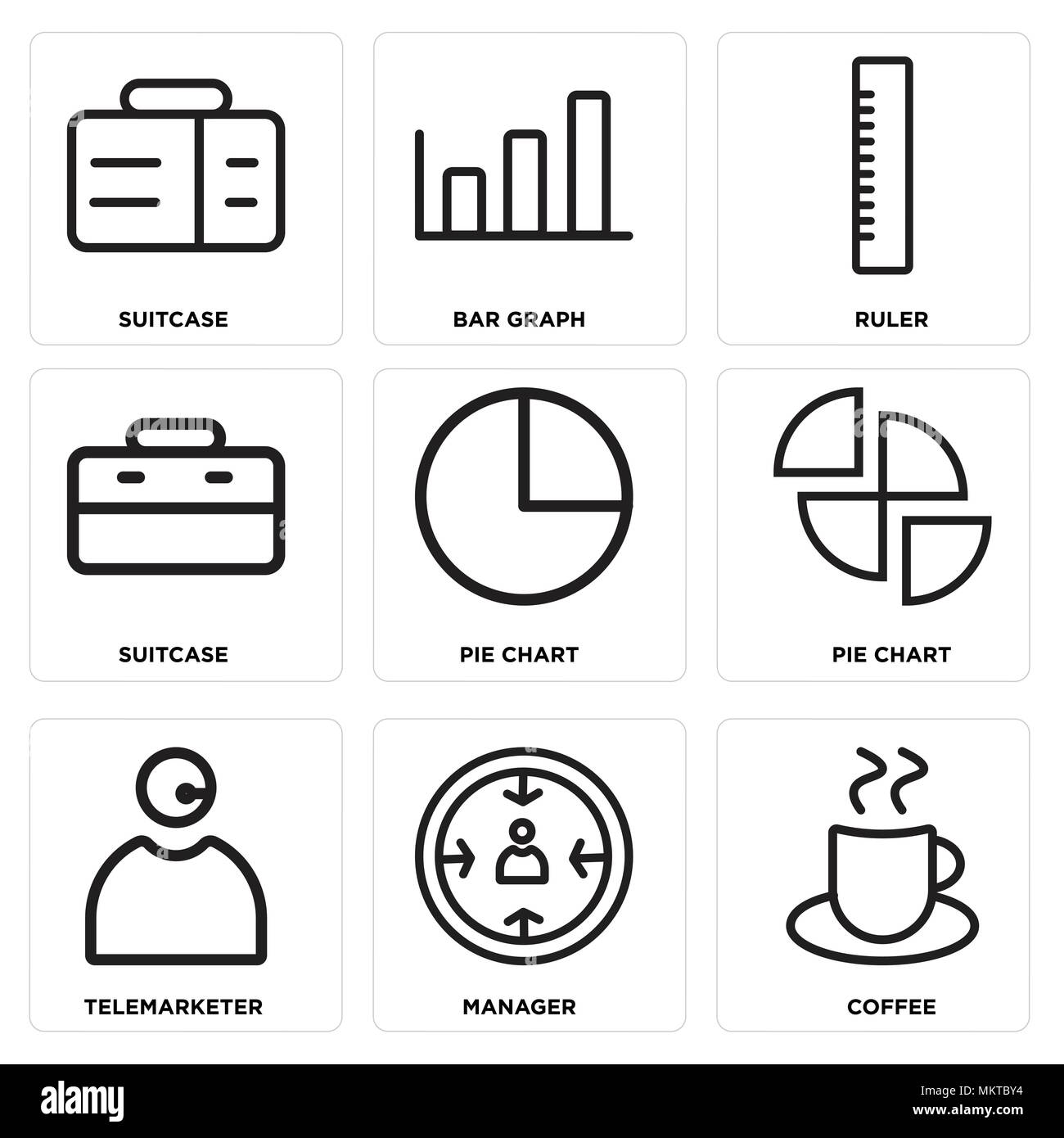 Ensemble de 9 icônes modifiable simple comme le café, Gestionnaire, télévendeur, camembert, valise, règle, graphique à barres, peut être utilisé pour le mobile, web Illustration de Vecteur