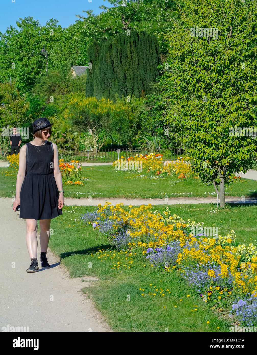 Une femme de race blanche à la recherche au jardin fleuri au Jardin des Plantes, Paris, France Banque D'Images