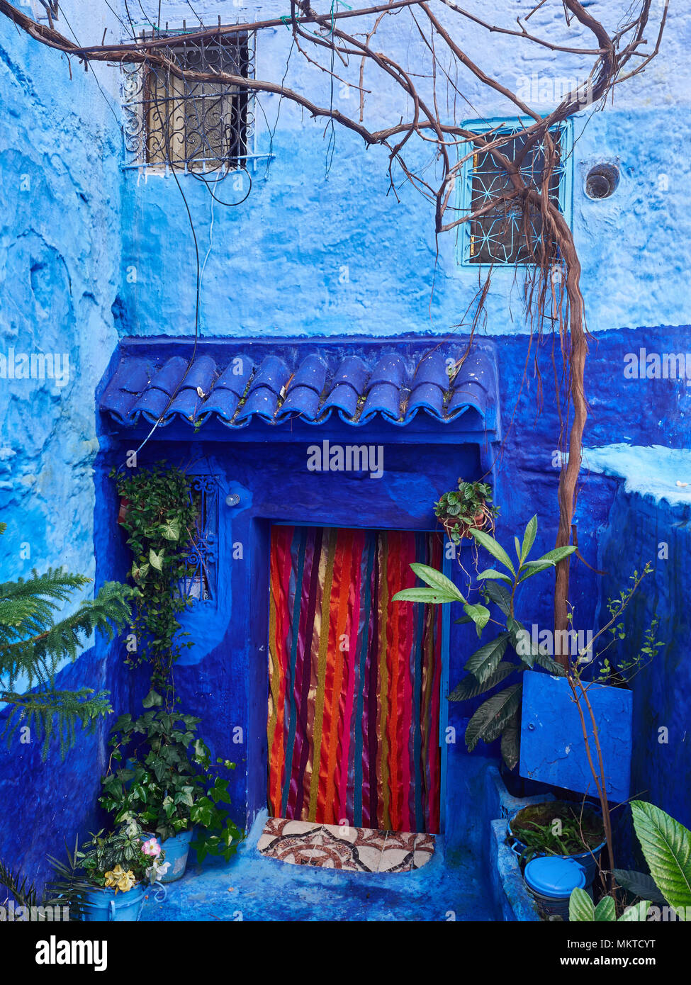 Rideaux rouge vif dans une fenêtre carrée sur un mur bleu, Chefchaouen, Maroc. Banque D'Images
