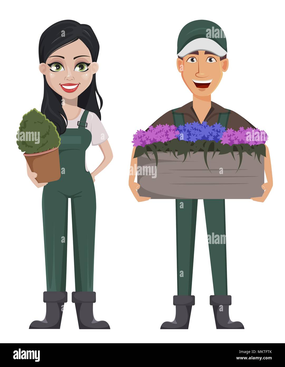 Les Jardiniers, l'homme et de la femme, personnages de dessins animés, set. Beau fermier avec grand pot de fleurs et belle dame avec l'agriculteur plante dans un pot. Je vecteur Illustration de Vecteur