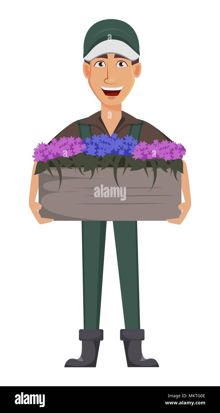 Homme jardinier, personnage en uniforme. Beau agriculteur détenant un grand pot de fleurs. Vector illustration sur fond blanc. Illustration de Vecteur