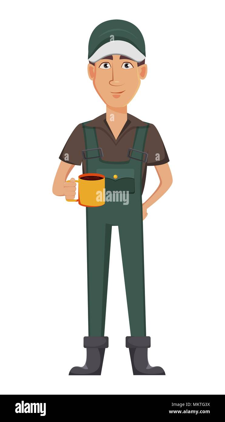 Homme jardinier, personnage en uniforme. Beau farmer holding une tasse de boisson rafraîchissante. Vector illustration sur fond blanc. Illustration de Vecteur