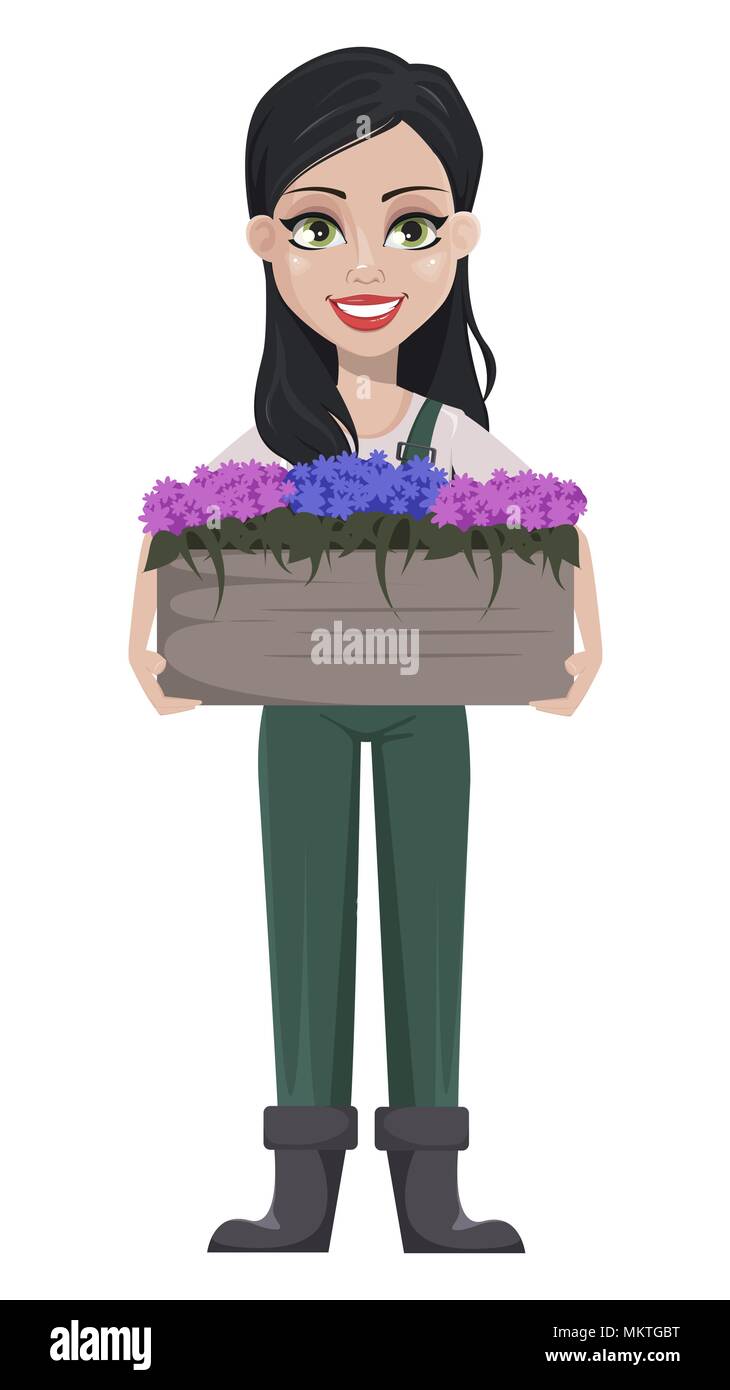 Chauffeur particulier femme, personnage en uniforme. Belle farmer girl holding grand pot de fleurs. Vector illustration sur fond blanc. Illustration de Vecteur