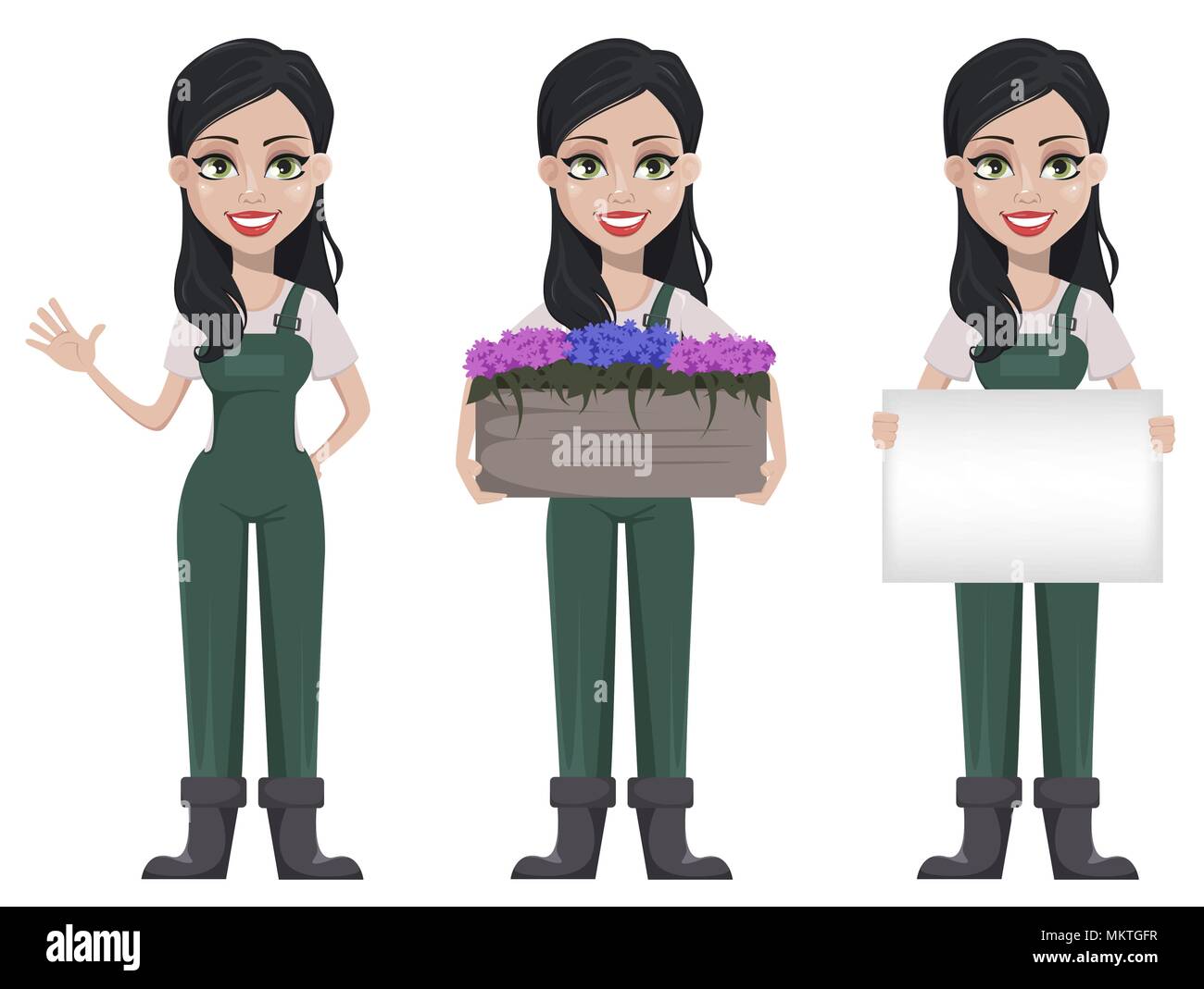 Chauffeur particulier femme, personnage en uniforme, ensemble de trois poses. Belle farmer girl waving main, tenant un grand pot de fleurs et holding blank pl Illustration de Vecteur