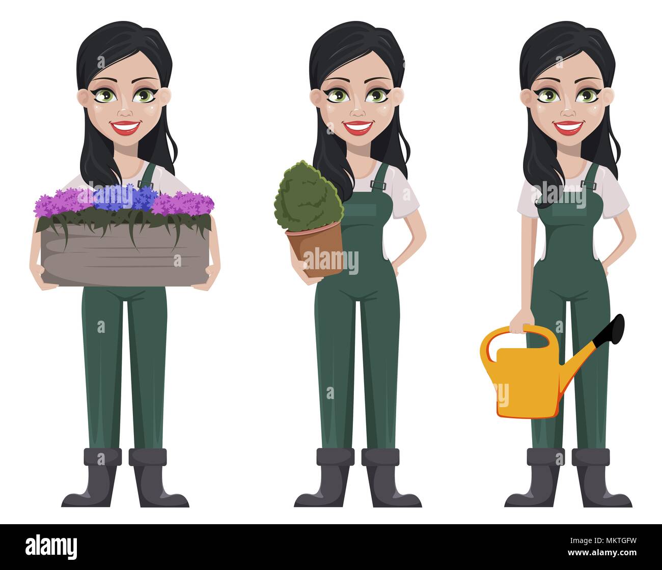 Chauffeur particulier femme, personnage en uniforme, ensemble de trois poses. Belle farmer girl holding grand pot de fleurs, holding pot avec plante verte et Illustration de Vecteur