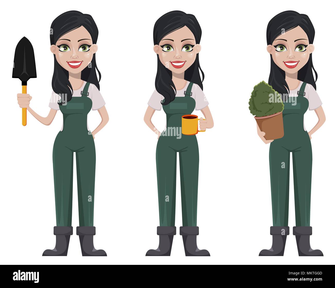 Chauffeur particulier femme, personnage en uniforme, ensemble de trois poses. Belle farmer girl holding peu pelle, holding tasse de boisson chaude et maintenant po Illustration de Vecteur