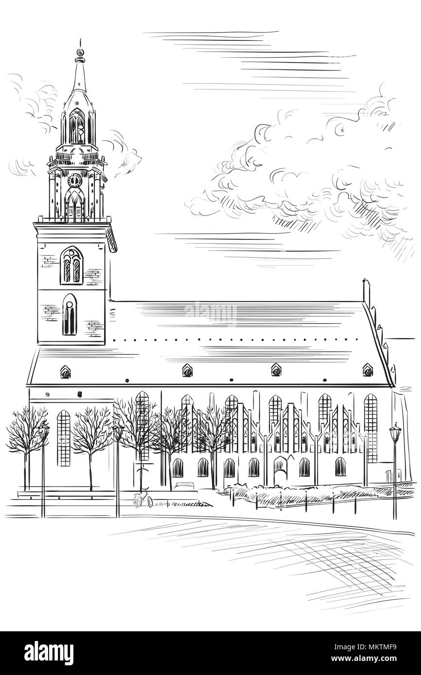 L'église Sainte Marie de Berlin (Allemagne), de Lubeck. Vue de Berlin. Dessin vectoriel illustration en couleur noir isolé sur fond blanc. Illustration de Vecteur