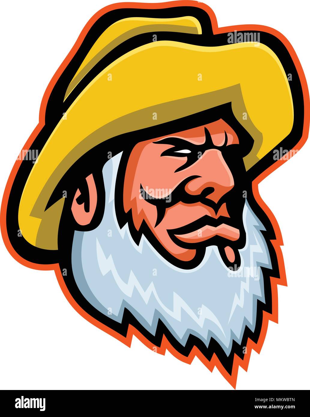 L'icône de mascotte illustration de tête d'un vieux pêcheur ou fisher portant barbe et godet jaune hat vu de côté sur fond isolé en rétro st Illustration de Vecteur