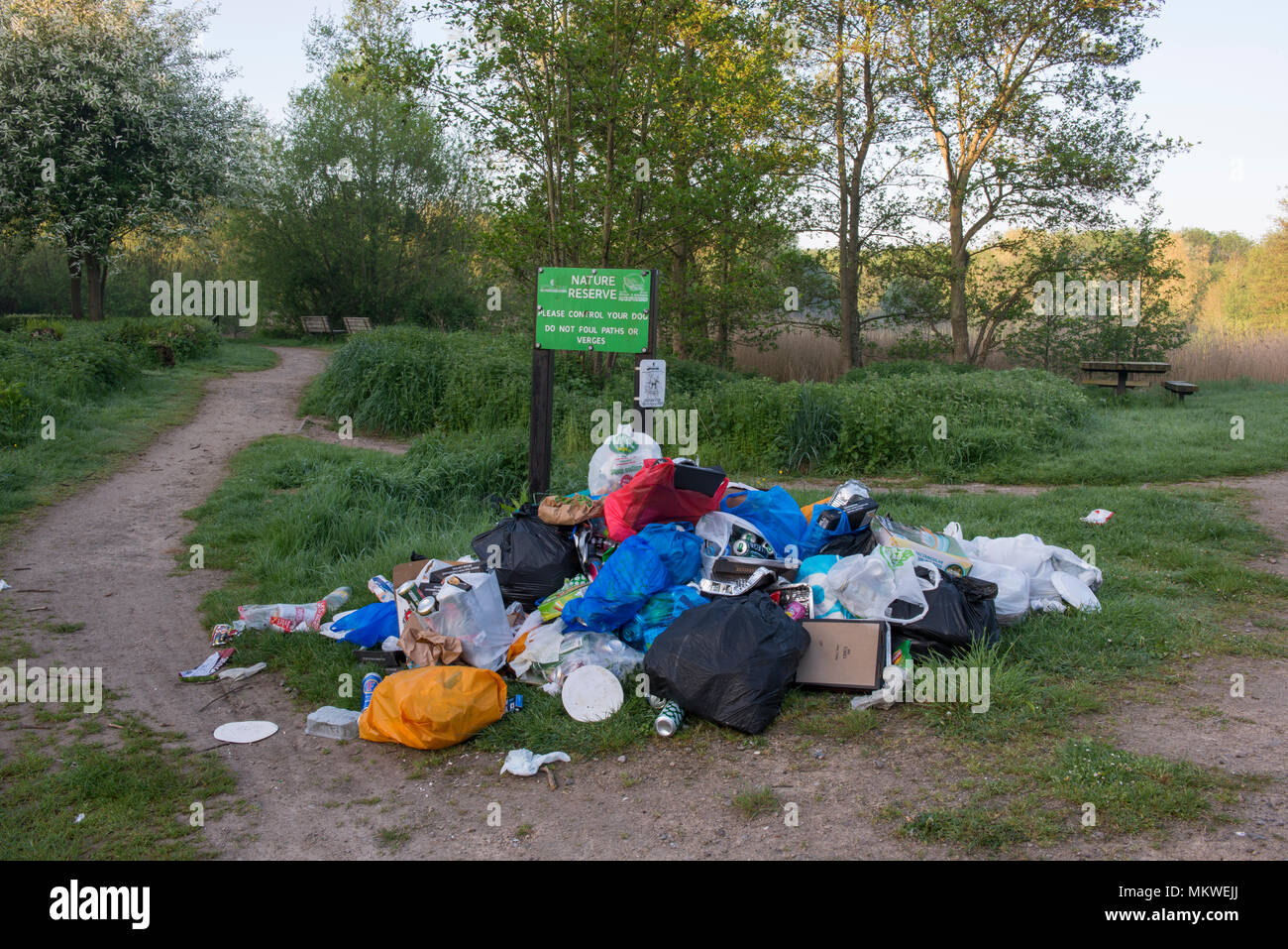 Les déchets et détritus laissés après un jour de mai vacances de banque à Blue Lagoon Nature Reserve, Bletchley, Bucks. Image prise le 8 mai 2018 Banque D'Images