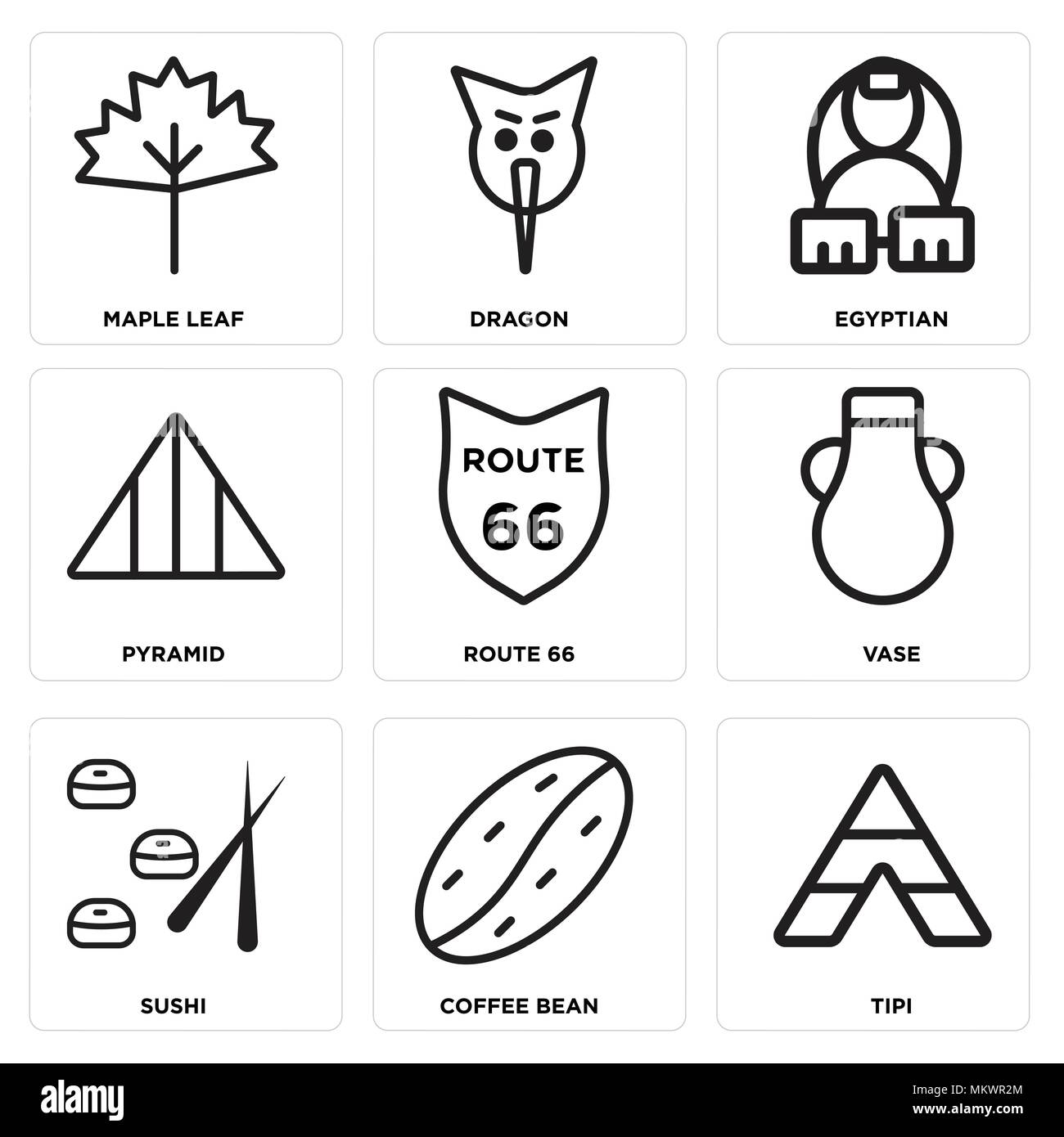 Ensemble de 9 icônes modifiable simple comme le tipi, grain de café, Sushi, vase, Route 66, pyramide, égyptienne, Dragon, feuille d'érable, peut être utilisé pour le mobile, web Illustration de Vecteur