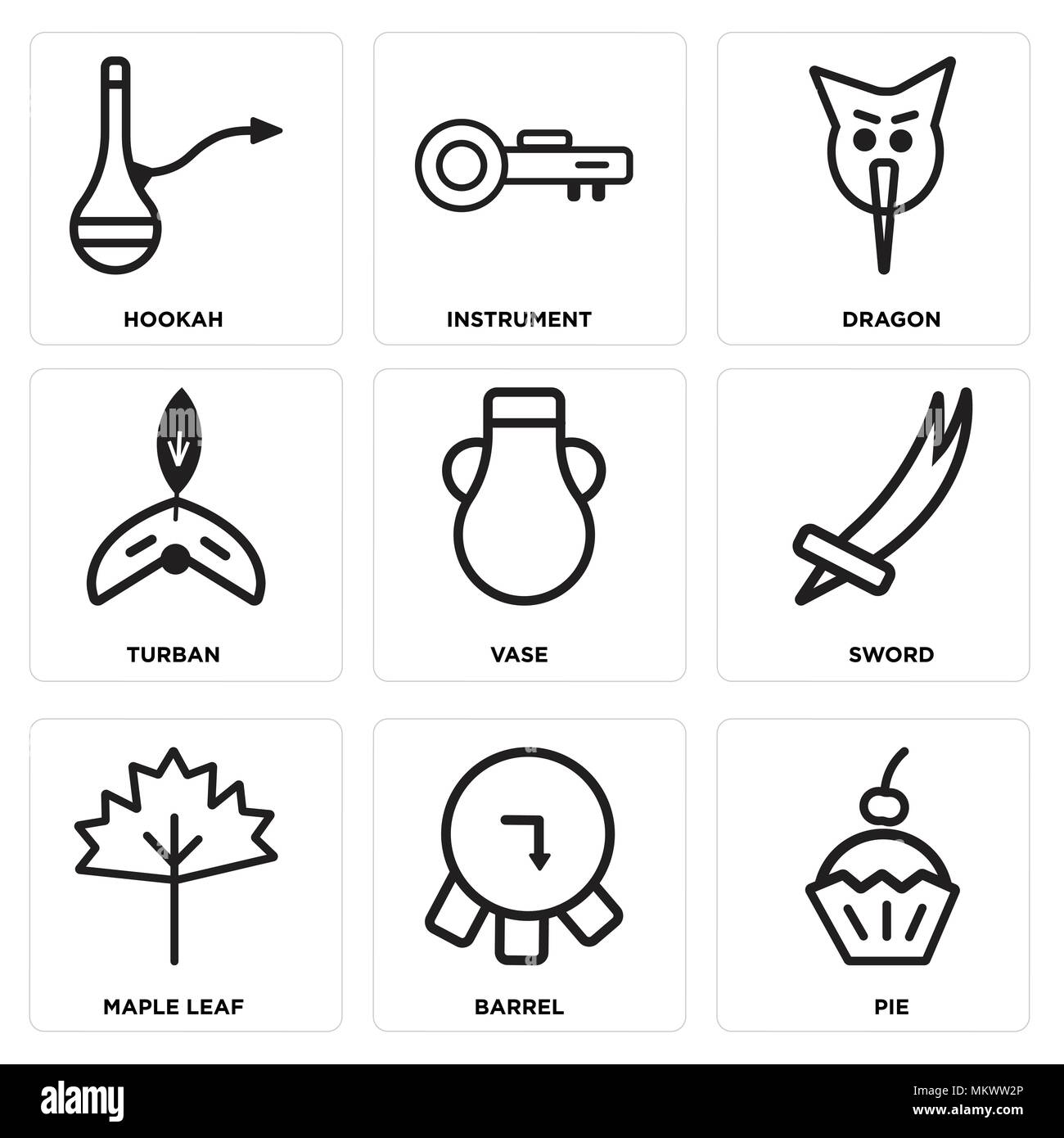 Ensemble de 9 icônes modifiable simple comme Tarte, Baril, feuille d'érable, épée, vase, Turban, Dragon, instrument, narguilé, peut être utilisé pour le mobile, web Illustration de Vecteur