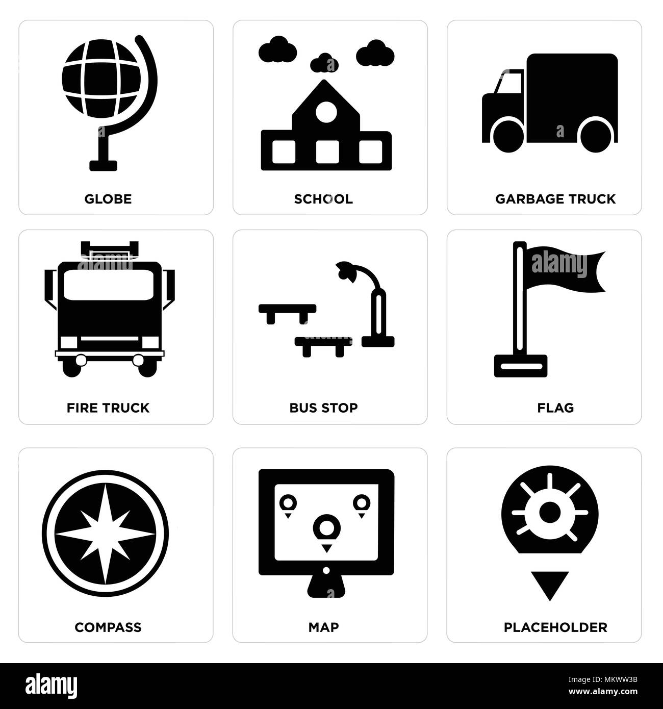 Ensemble de 9 icônes modifiable simple comme paramètre fictif, carte, boussole, d'un drapeau, d'un arrêt de bus, camions de pompiers, les ordures, Globe, l'école peut être utilisé pour le mobile, web Illustration de Vecteur