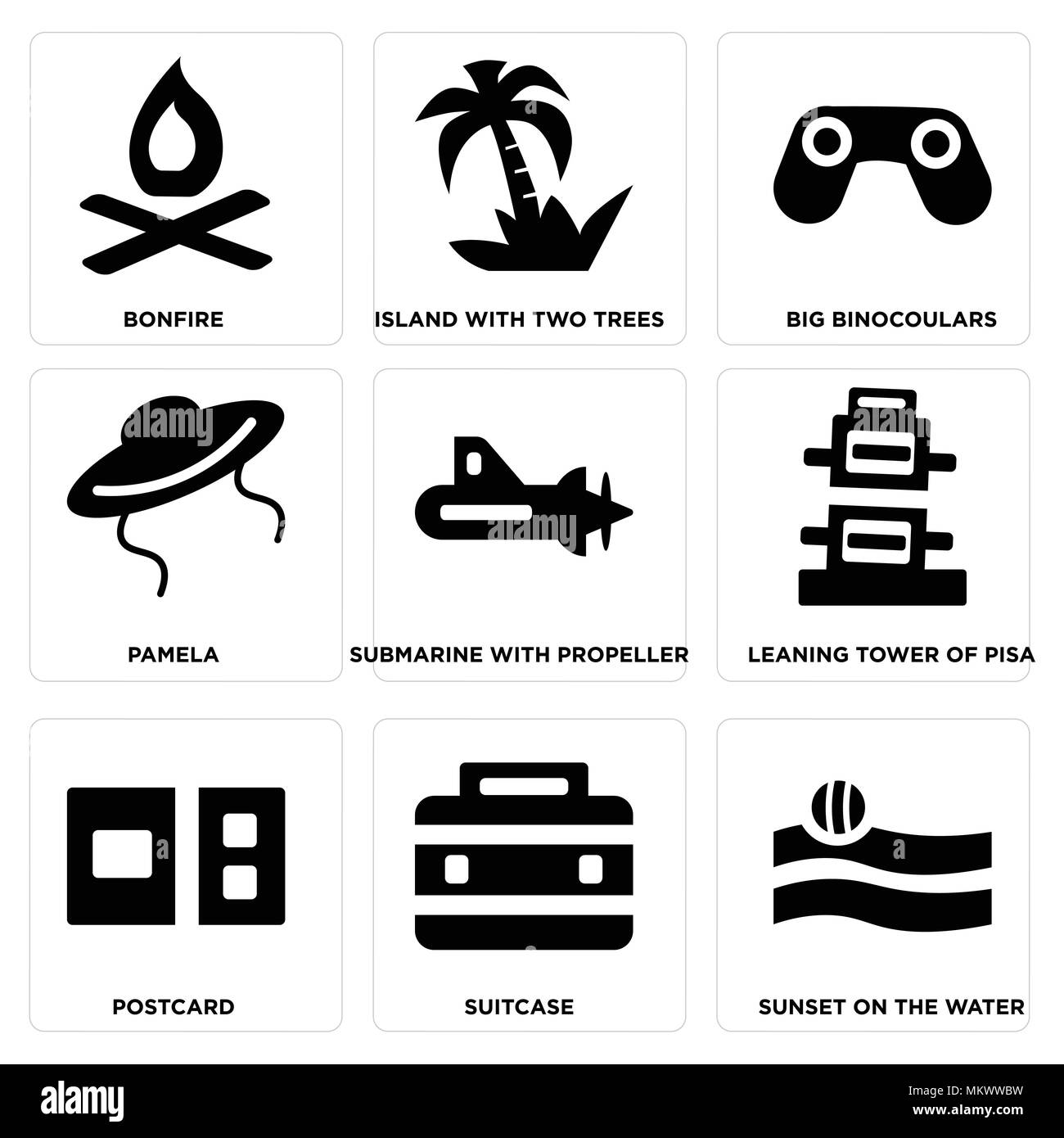 Ensemble de 9 icônes modifiable simple comme le coucher du soleil sur l'eau, valise, carte postale, la tour penchée de Pise, sous-marin avec l'hélice, Pamela, Big Binocoula Illustration de Vecteur