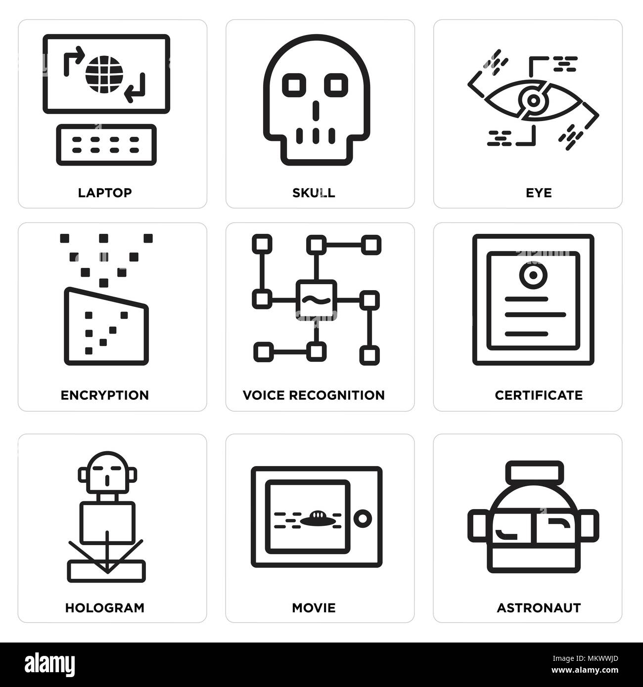 Ensemble de 9 icônes modifiable simple comme astronaute, film, Hologramme, Certificat, reconnaissance vocale, le cryptage, les yeux, le crâne, ordinateur portable, peut être utilisé pour mob Illustration de Vecteur