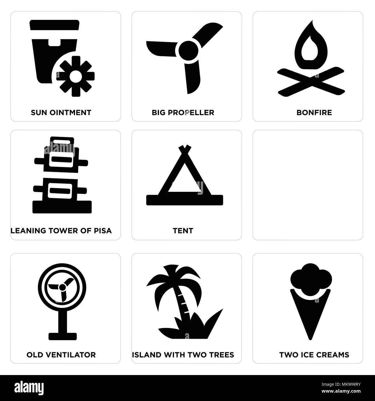 Ensemble de 9 icônes modifiable simple comme deux glaces, île avec arbres, vieux d'un ventilateur, le message dans une bouteille sur l'eau, tente, tour de pis Illustration de Vecteur