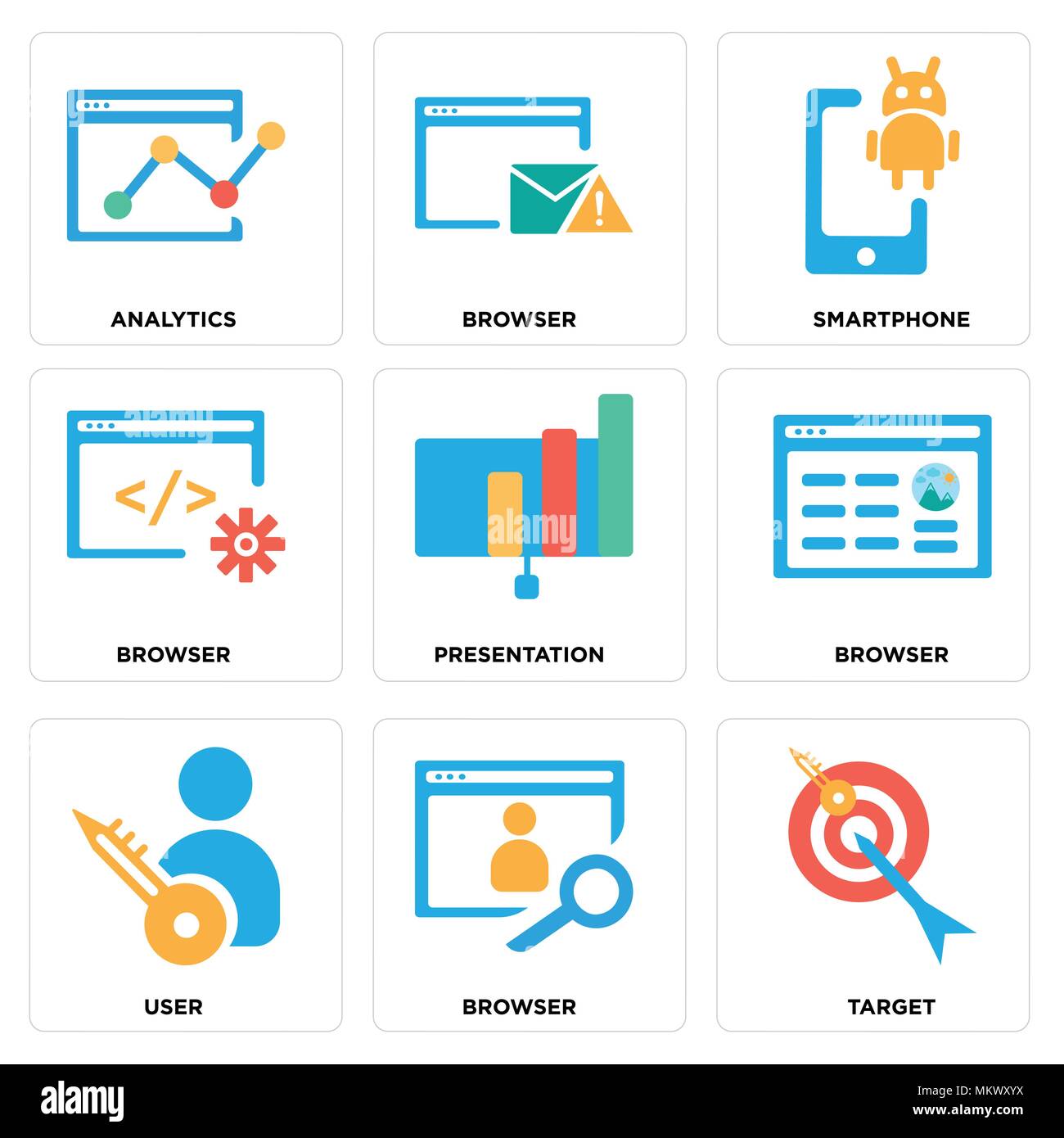 Ensemble de 9 icônes modifiable simple comme Target, navigateur, utilisateur, présentation, Smartphone, Analytics, peut être utilisé pour le mobile, web Illustration de Vecteur