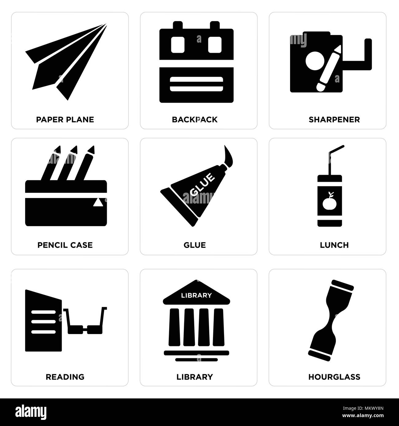 Ensemble de 9 icônes modifiable simple comme Hourglass, Bibliothèque, lecture, déjeuner, colle, crayons, taille-crayons, sac à dos, avion en papier, peut être utilisé pour mobile Illustration de Vecteur