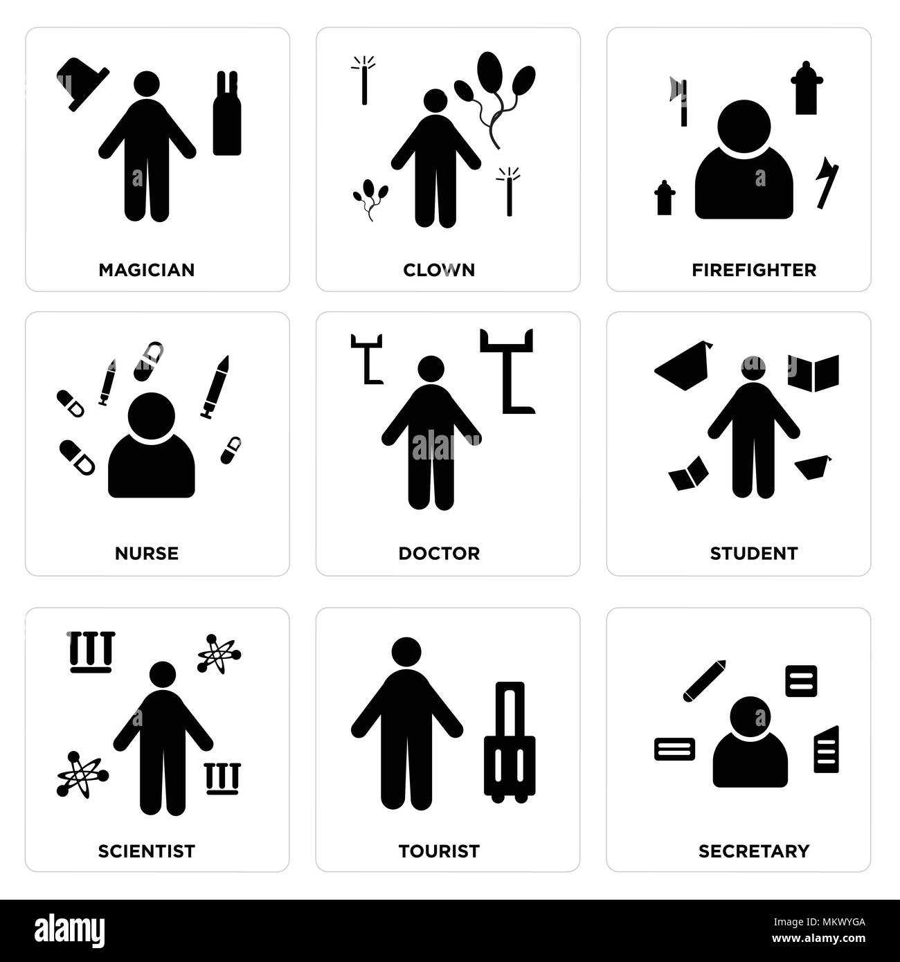 Ensemble de 9 icônes modifiable simple comme secrétaire, touriste, étudiant, chercheur, médecin, infirmière, pompier, clown, magicien, peut être utilisé pour le mobile, nous Illustration de Vecteur