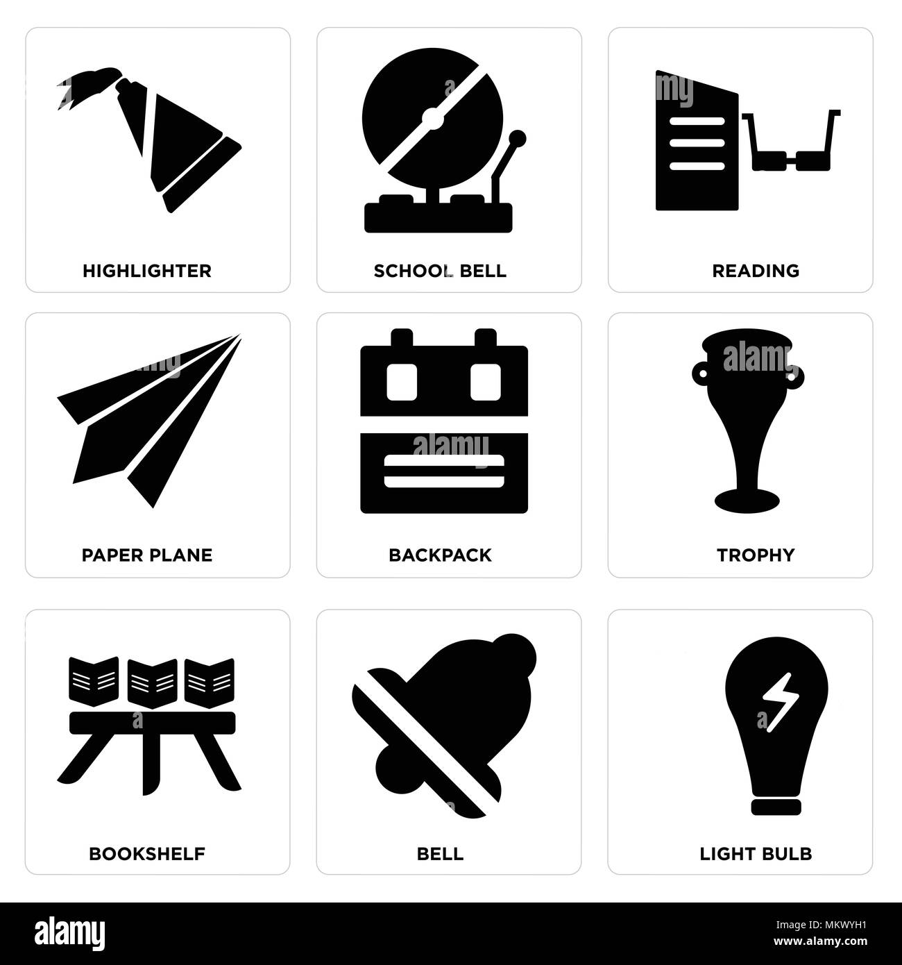 Ensemble de 9 icônes modifiable simple comme l'ampoule, Bell, Bookshelf, trophée, sac à dos, avion en papier, la lecture, l'école bell, surligneur, peut être utilisé pour Illustration de Vecteur