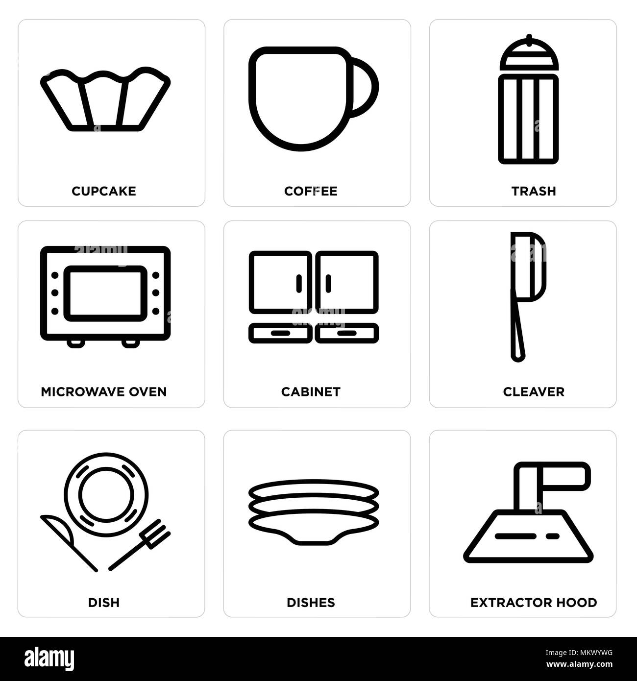 Ensemble de 9 icônes modifiable simple comme hotte aspirante, vaisselle, lave, Cleaver, Cabinet, micro-ondes, café, corbeille, cupcake, peut être utilisé pour le mobile, Illustration de Vecteur