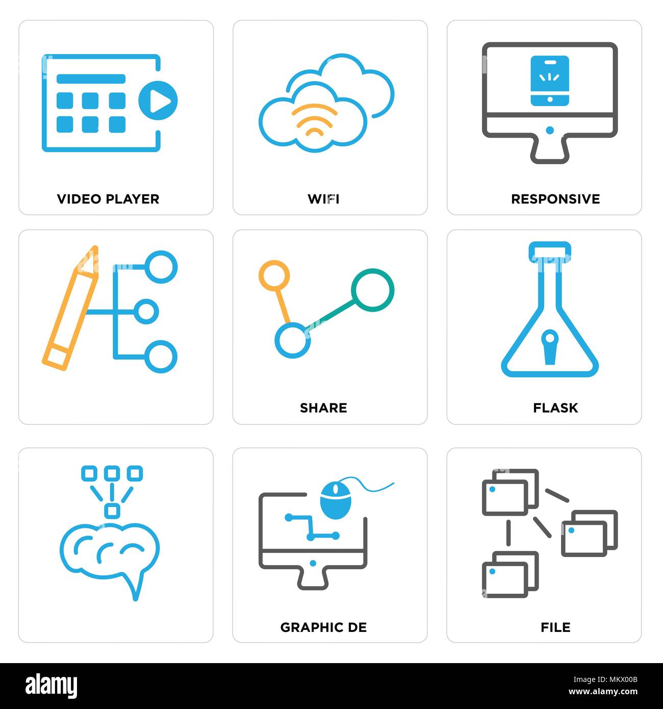 Ensemble de 9 icônes modifiable simple comme fichier, de graphique, fiole, partager, réactif, connexion Wi-Fi gratuite, lecteur vidéo, peut être utilisé pour le mobile, web Illustration de Vecteur