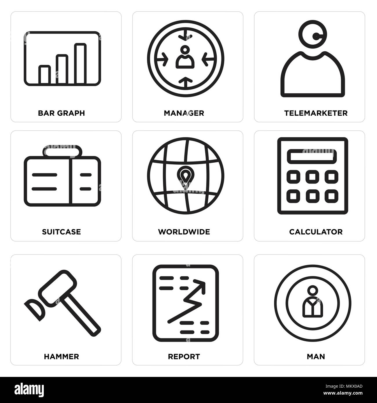 Ensemble de 9 icônes modifiable simple comme l'homme, Rapport, Marteau, Calculatrice, dans le monde entier, Suitcase, télévendeur, gestionnaire, le graphique à barres, peut être utilisé pour le mobile, Illustration de Vecteur