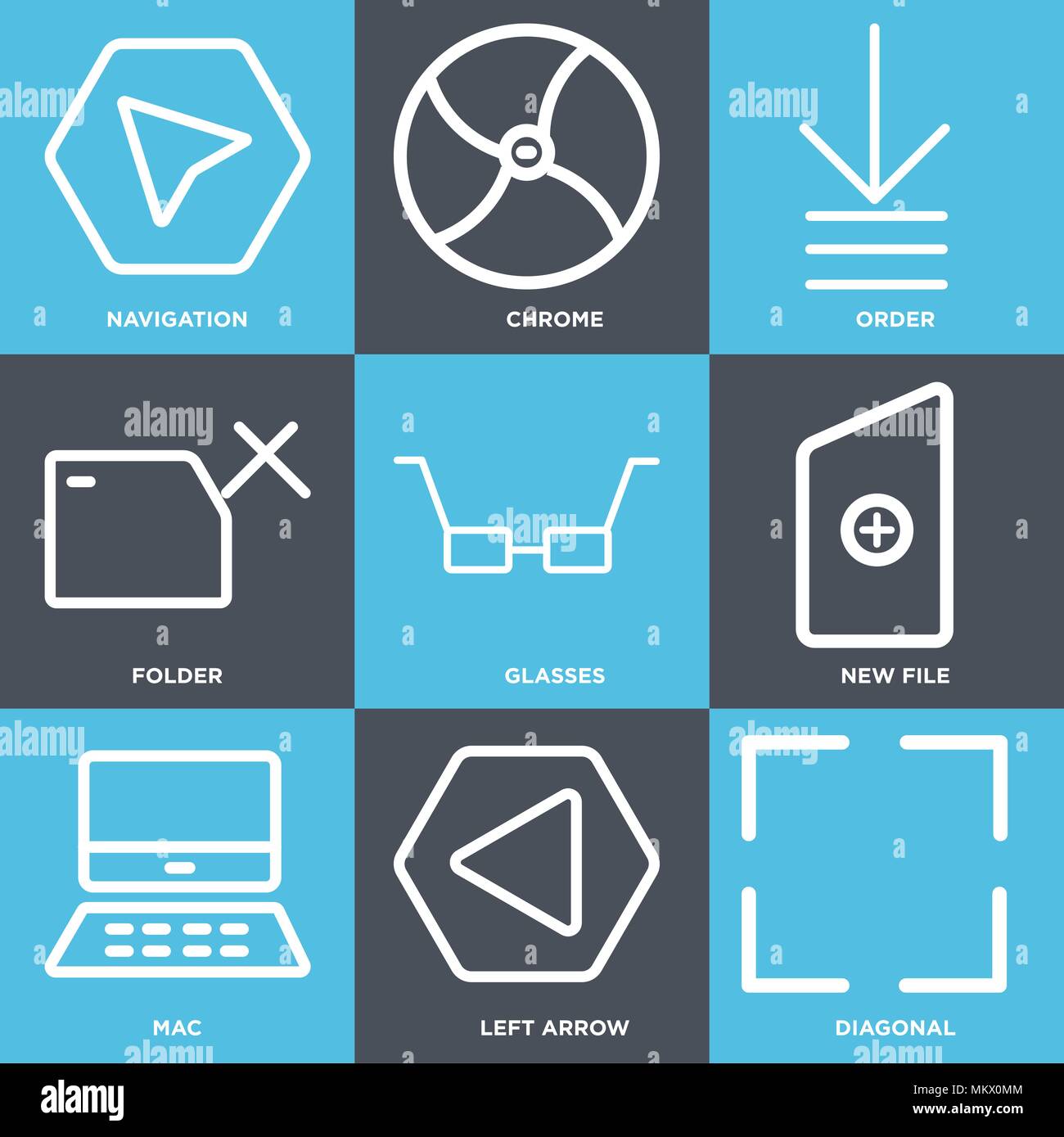 Ensemble de 9 icônes modifiable simple tels que Diagonal, flèche gauche, Mac, nouveau fichier, verres, dossier, l'ordre, le Chrome, la navigation, peut être utilisé pour le mobile, web Illustration de Vecteur