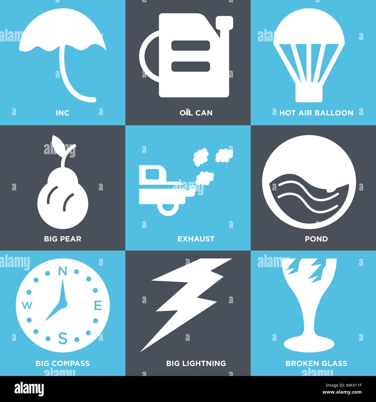 Ensemble de 9 icônes modifiable simples tels que du verre brisé, gros éclairs, boussole, étang, Échappement, poire, Hot Air Balloon, l'huile peut, Inc, peut être utilisé pour mobil Illustration de Vecteur