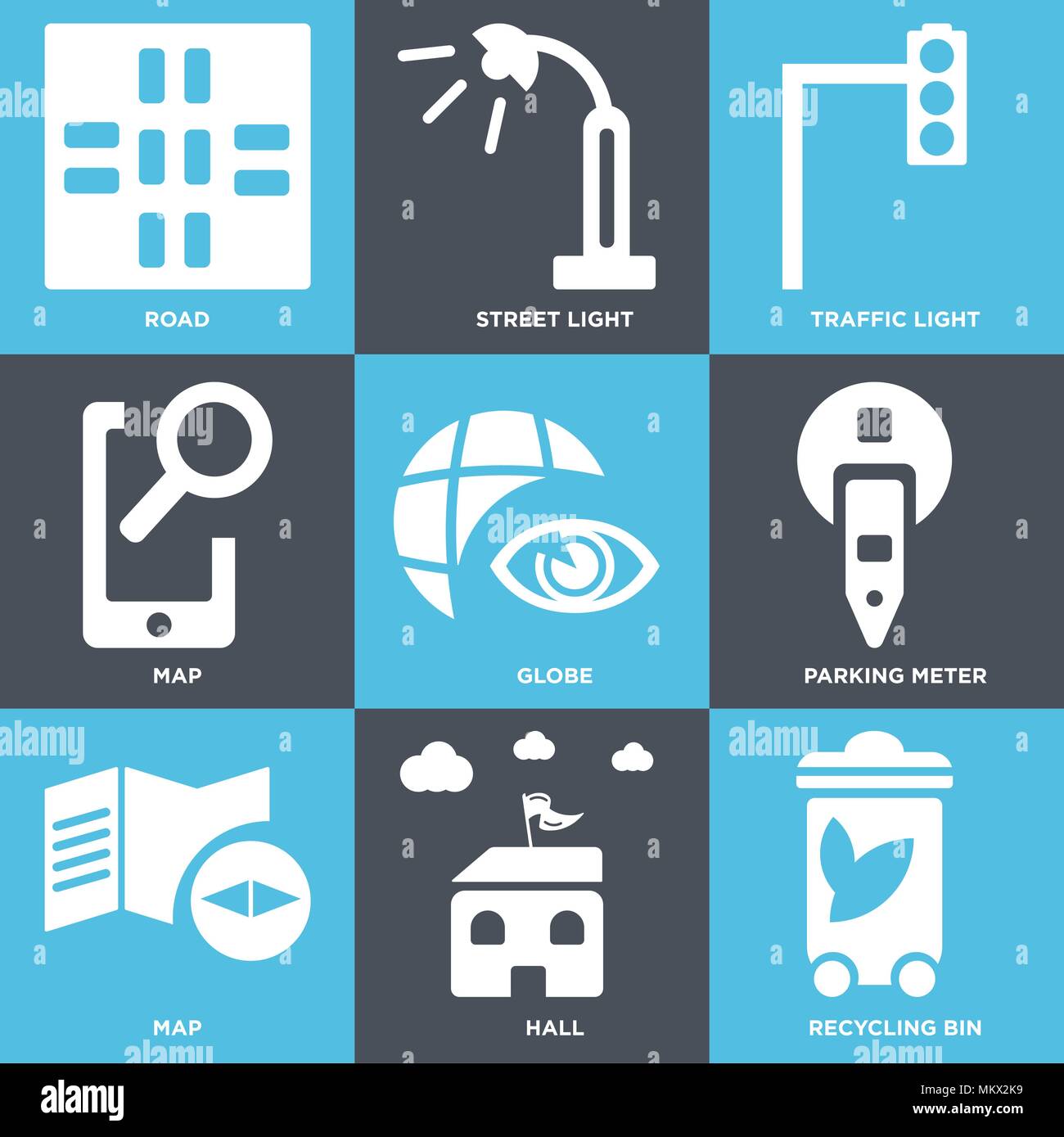 Ensemble de 9 icônes modifiable simple comme le bac de recyclage, Hall, Carte, Parking meter, Globe, feu de circulation, Street Road, peut être utilisé pour le mobile, web Illustration de Vecteur