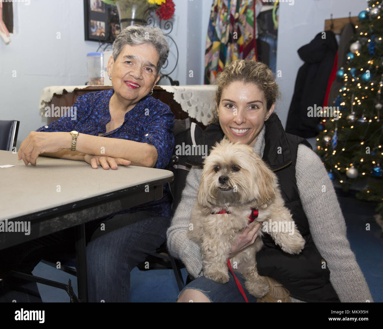 Thérapeute chien chien de thérapie avec visite régulièrement un centre principal dans le Lower East Side de Manhattan, New York. Banque D'Images
