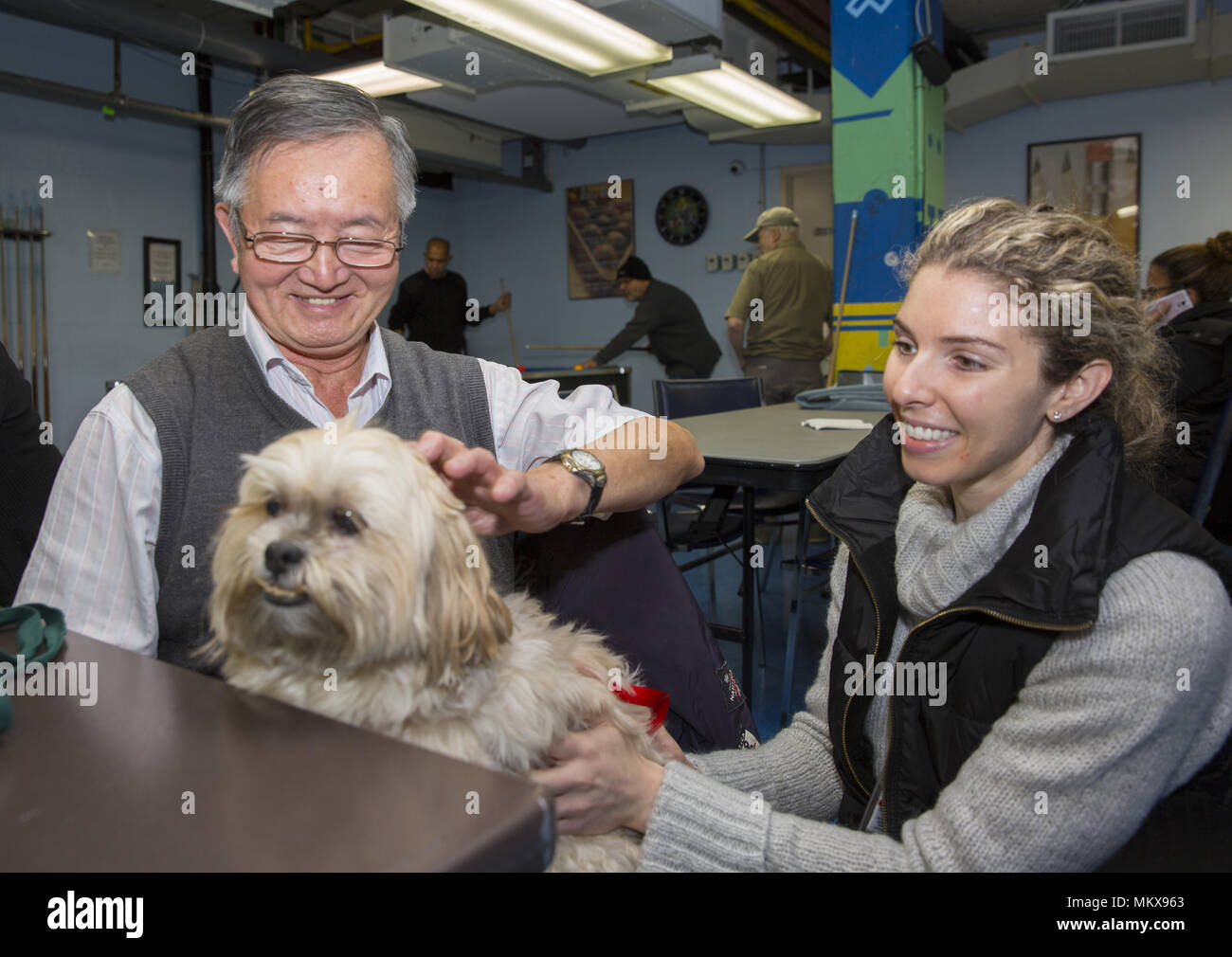 Thérapeute chien chien de thérapie avec visite régulièrement un centre principal dans le Lower East Side de Manhattan, New York. Banque D'Images