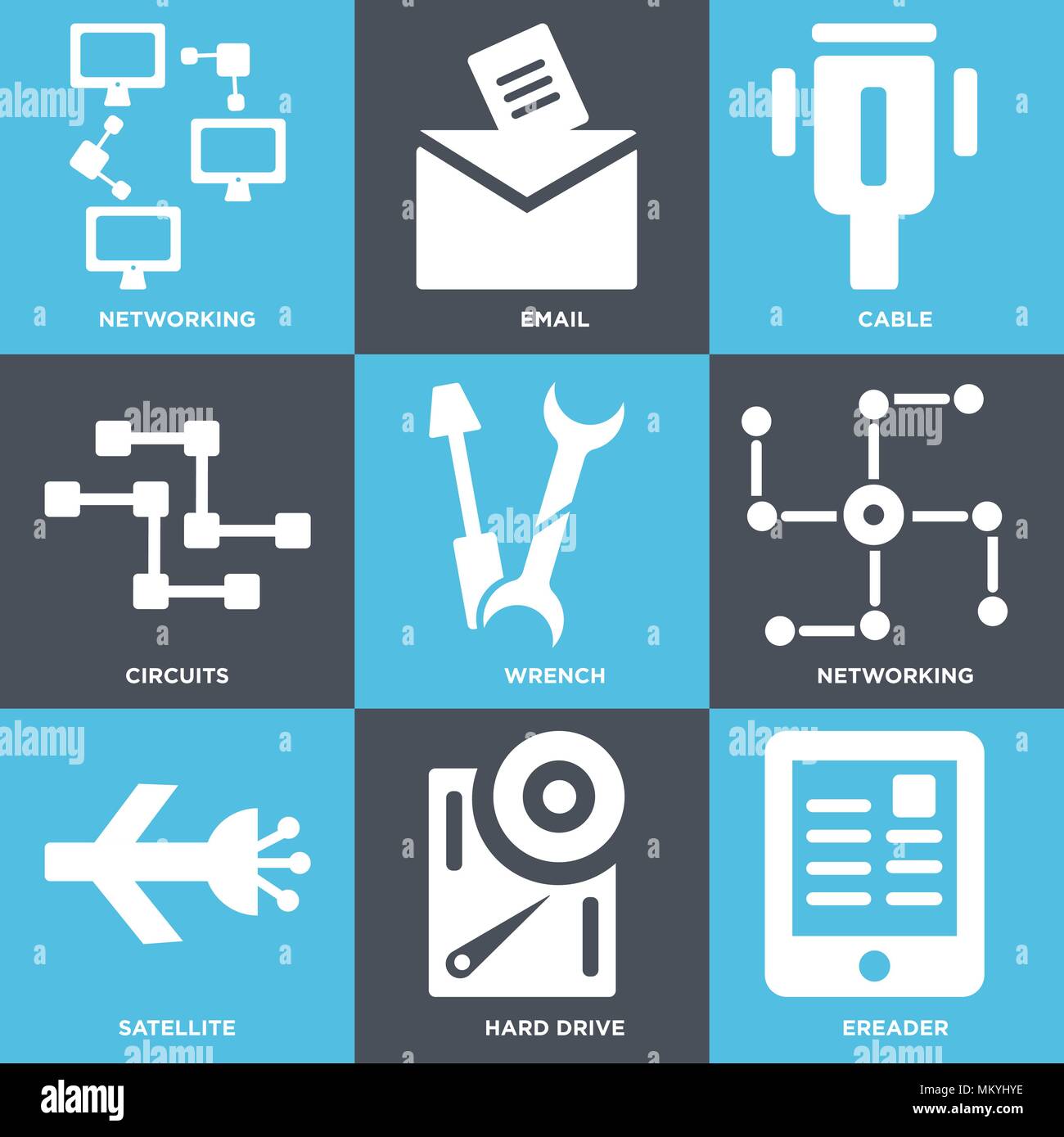 Ensemble de 9 icônes modifiable simple comme Ereader, disque dur, réseau, satellite, clé, Circuits, câble, e-mail, peut être utilisé pour le mobile, web Illustration de Vecteur
