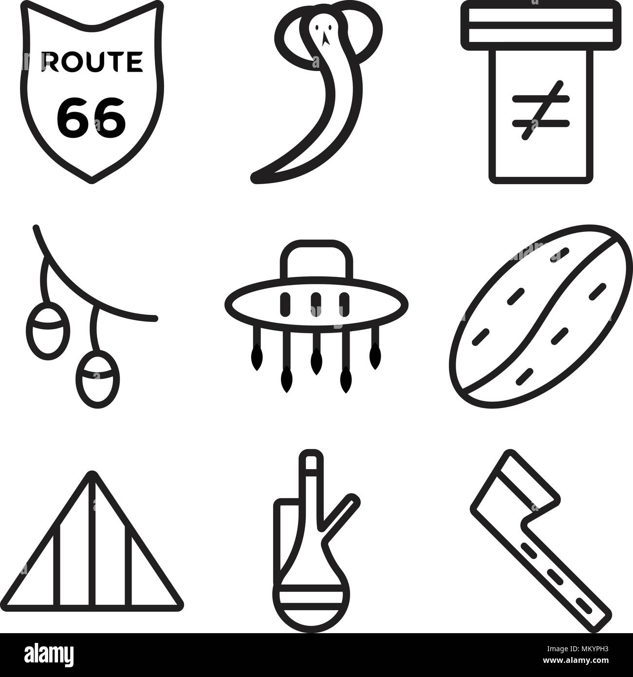 Ensemble de 9 icônes modifiable simple comme le Tomahawk, Plateau, pyramide, grain de café, de l'Australie, olives, Saintes Écritures, Serpent, Route 66, peut être utilisé pour mobi Illustration de Vecteur